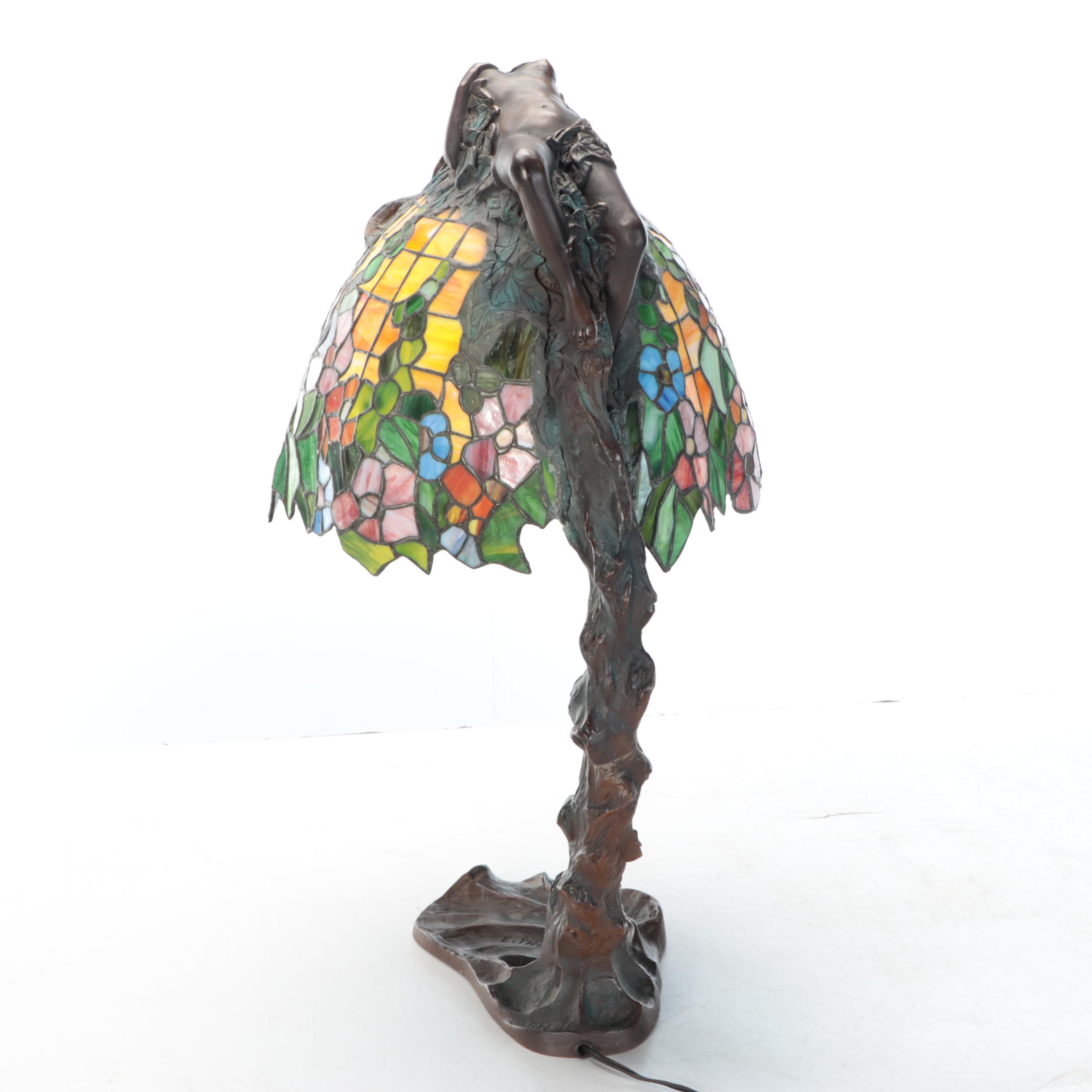 E. Thomasson Art Nouveau "Daphne" Bronze Table Lamp with Slag Glass Shade