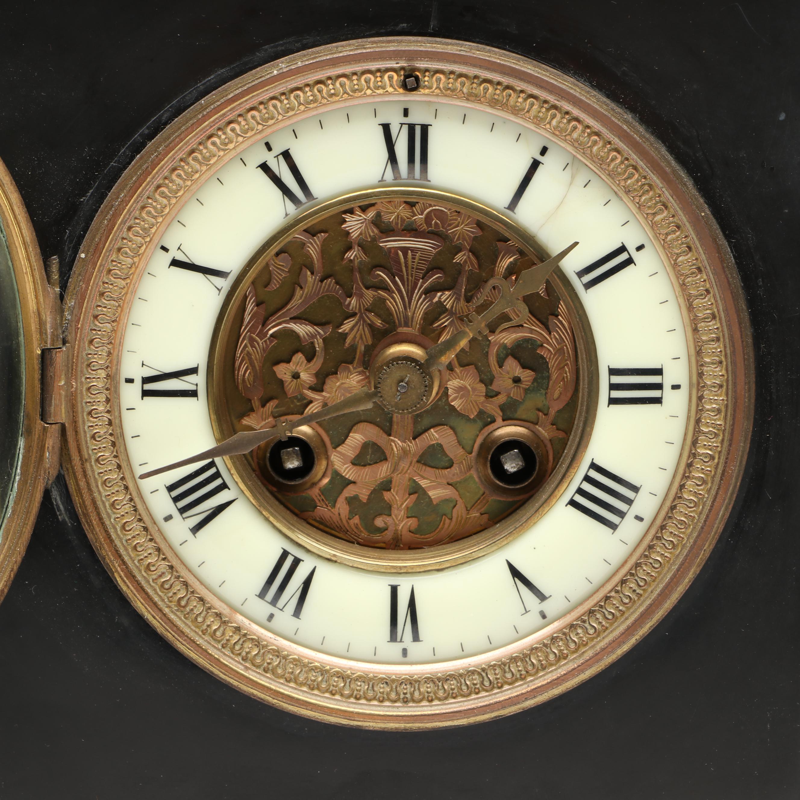 Ansonia Neoclassical Style Black Stone and Patinated Metal Mantel Clock