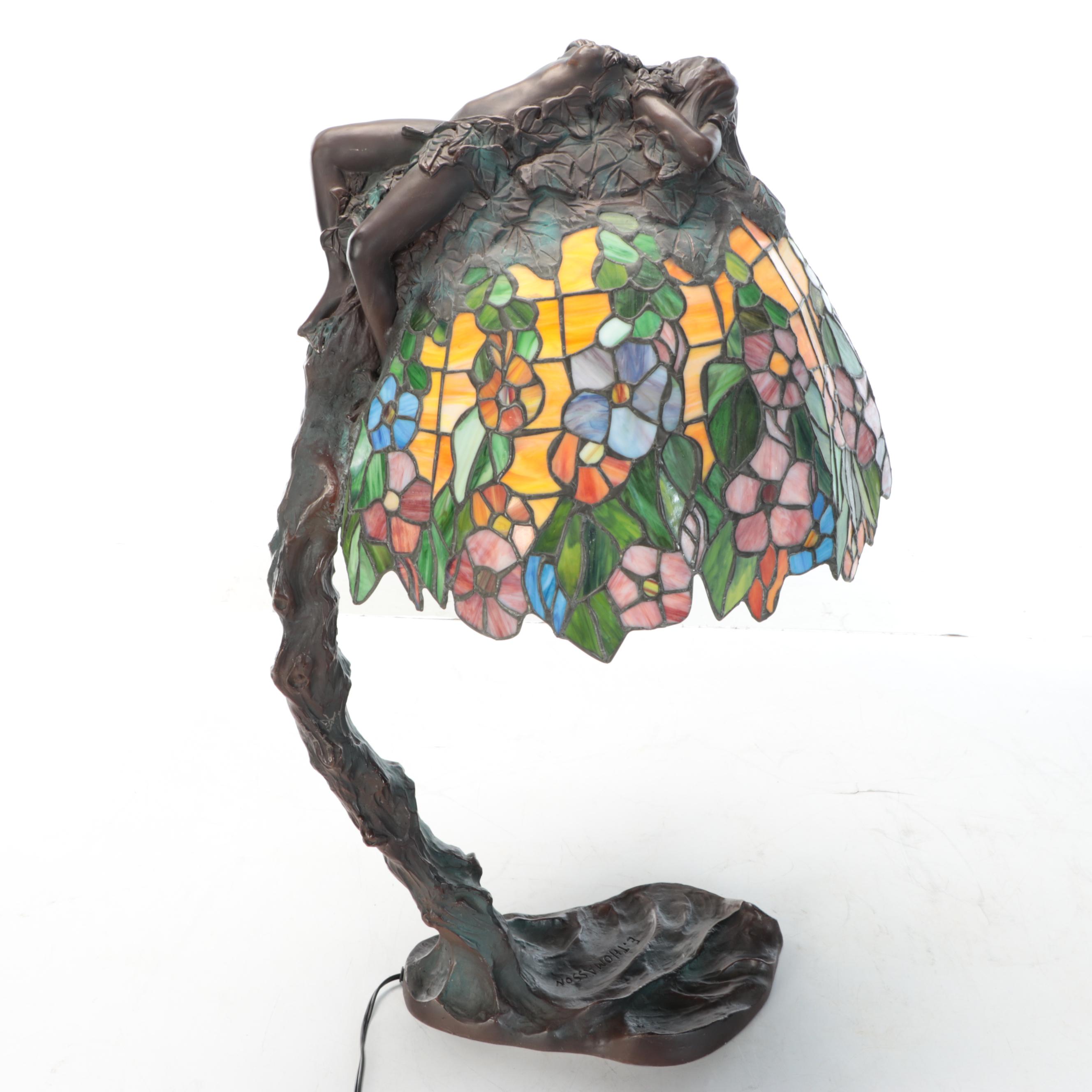 E. Thomasson Art Nouveau "Daphne" Bronze Table Lamp with Slag Glass Shade