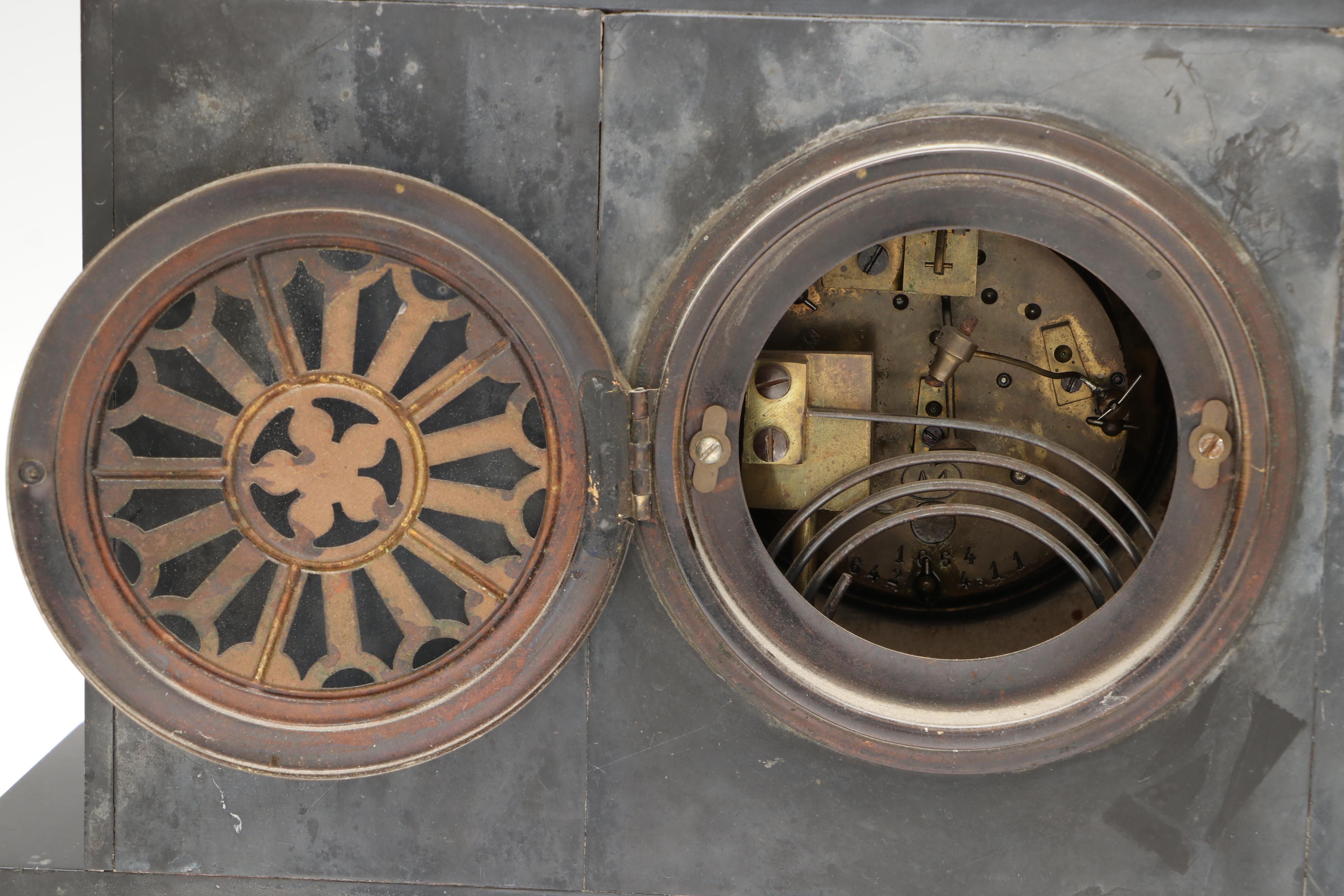 Ansonia Neoclassical Style Black Stone and Patinated Metal Mantel Clock