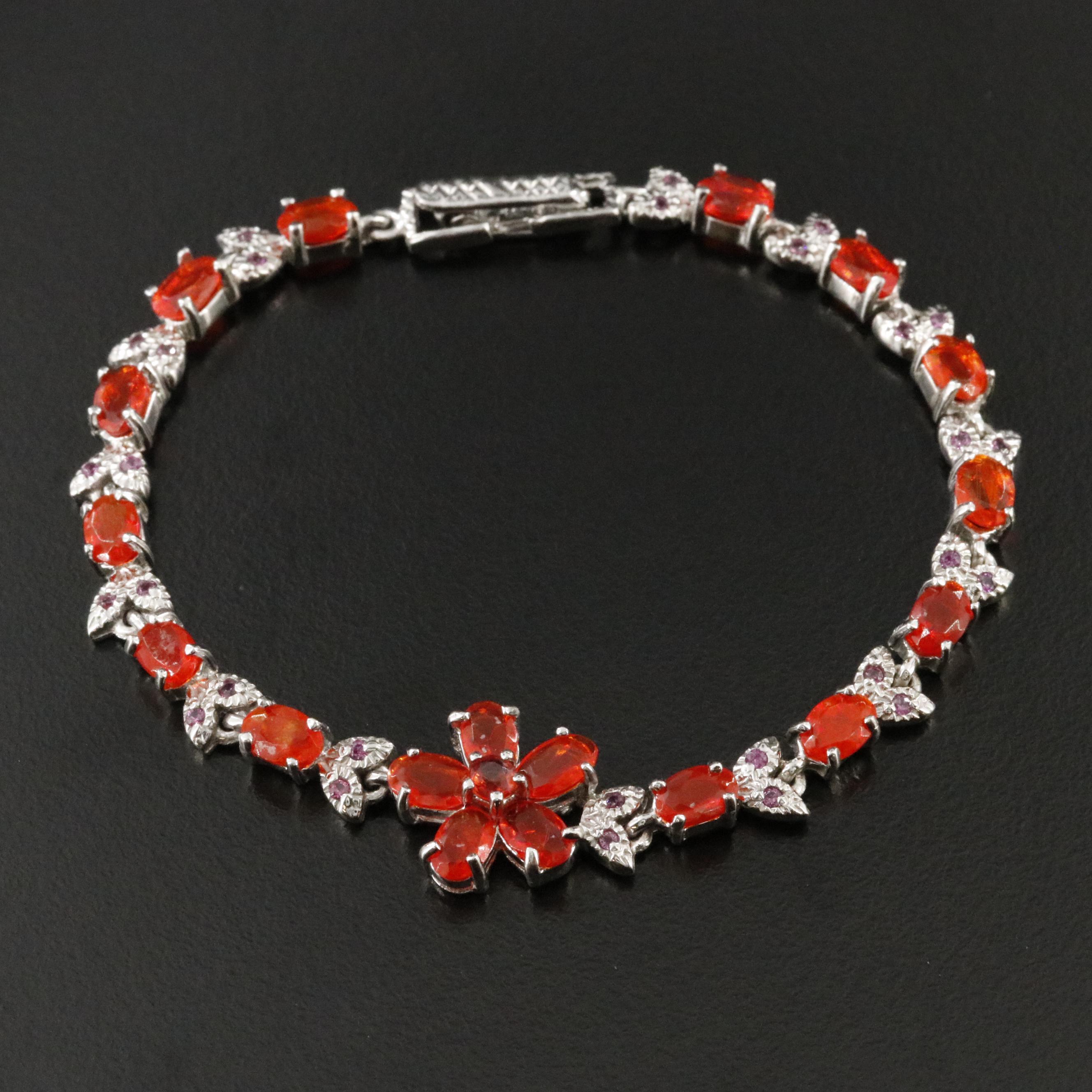 Sterling Fire Opal and Garnet Flower Bracelet