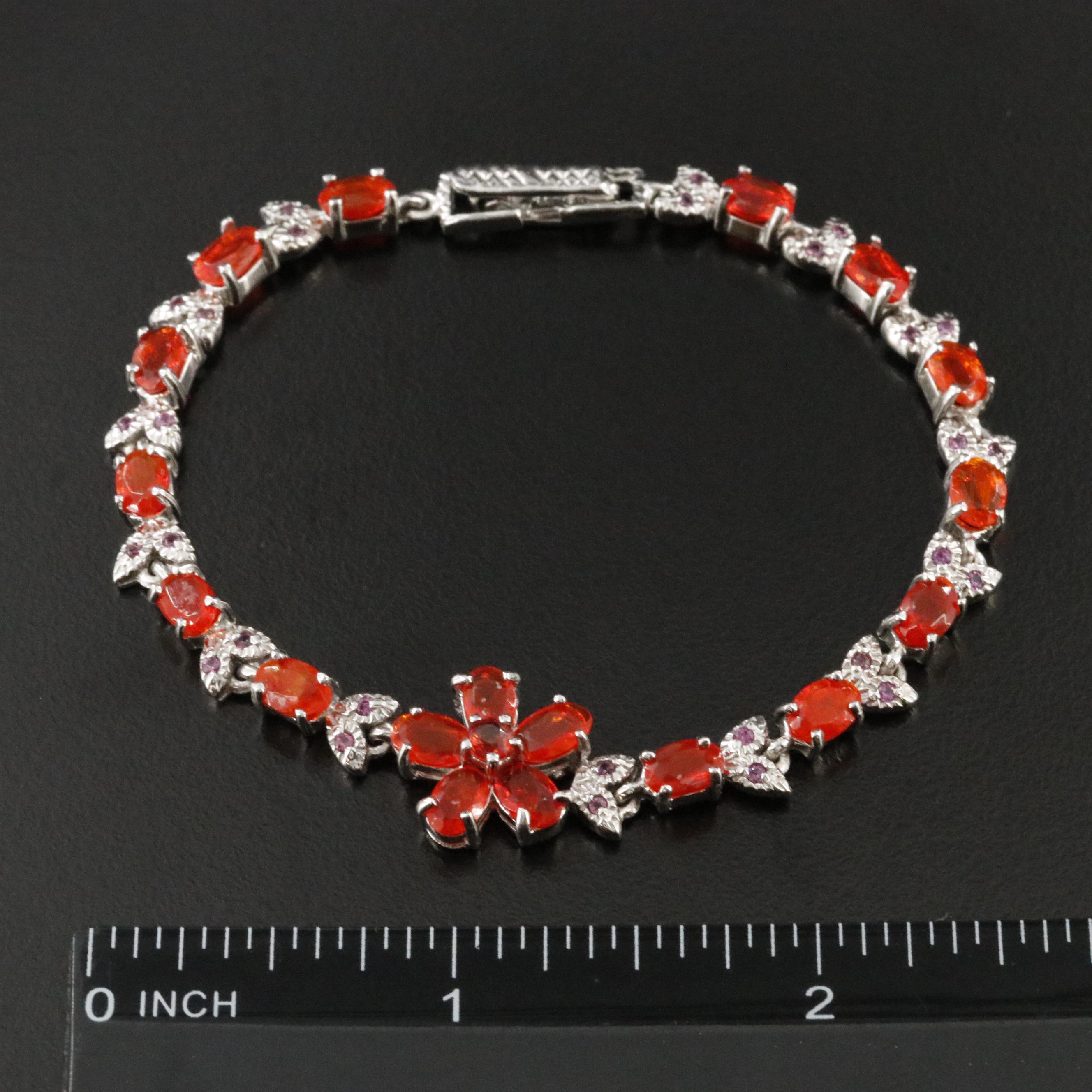 Sterling Fire Opal and Garnet Flower Bracelet