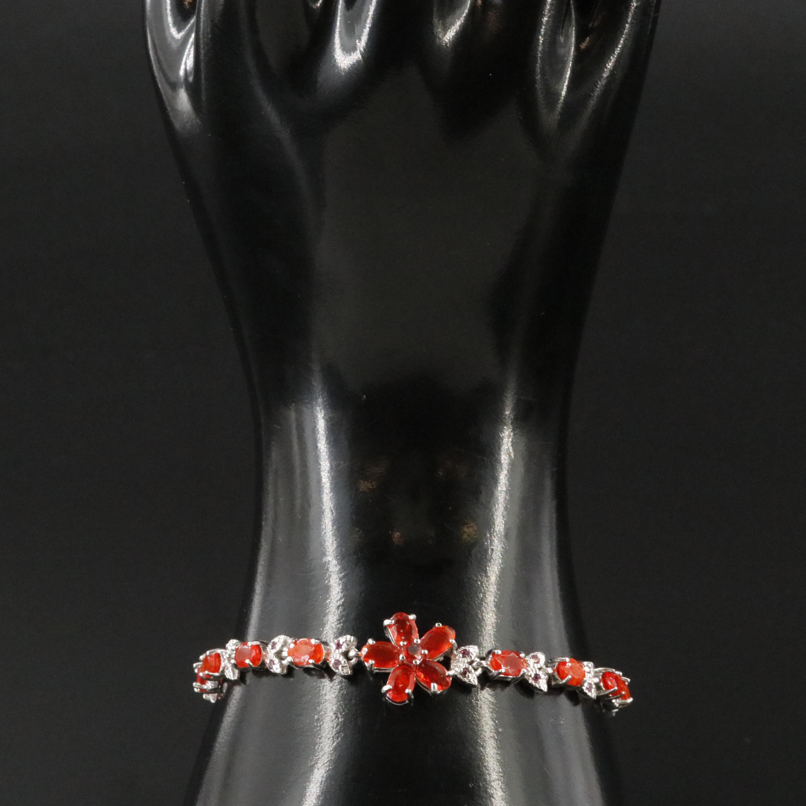 Sterling Fire Opal and Garnet Flower Bracelet