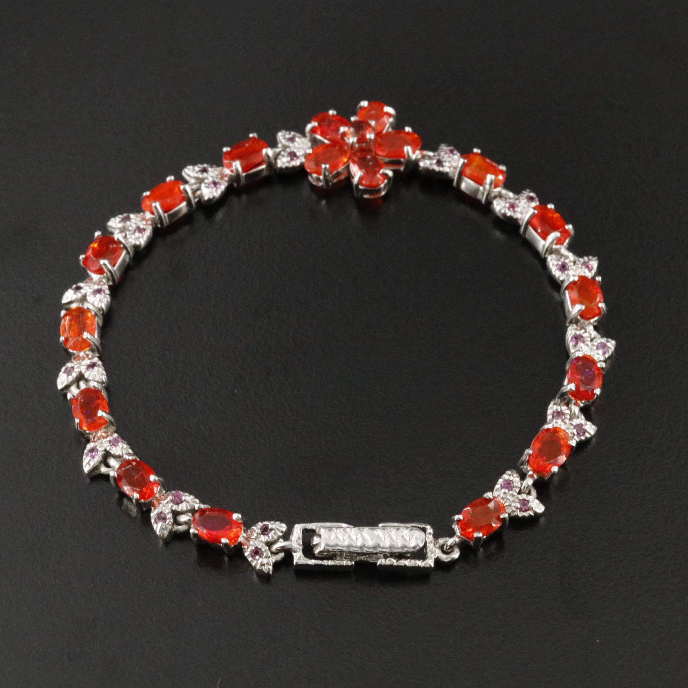 Sterling Fire Opal and Garnet Flower Bracelet