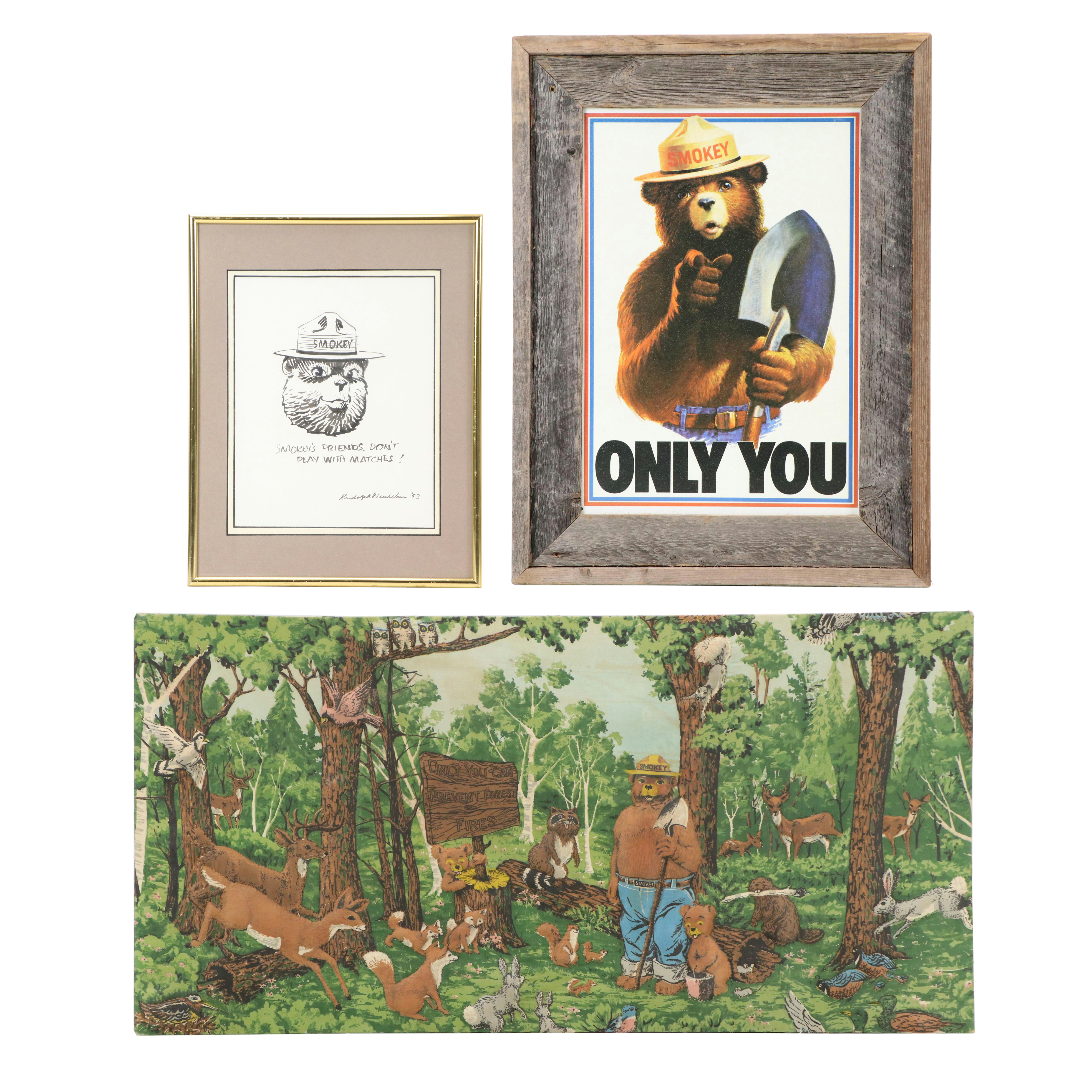 Rudolph Wendelin Smokey Bear Ink Drawing and Other Smokey Bear Memorabilia, 1993