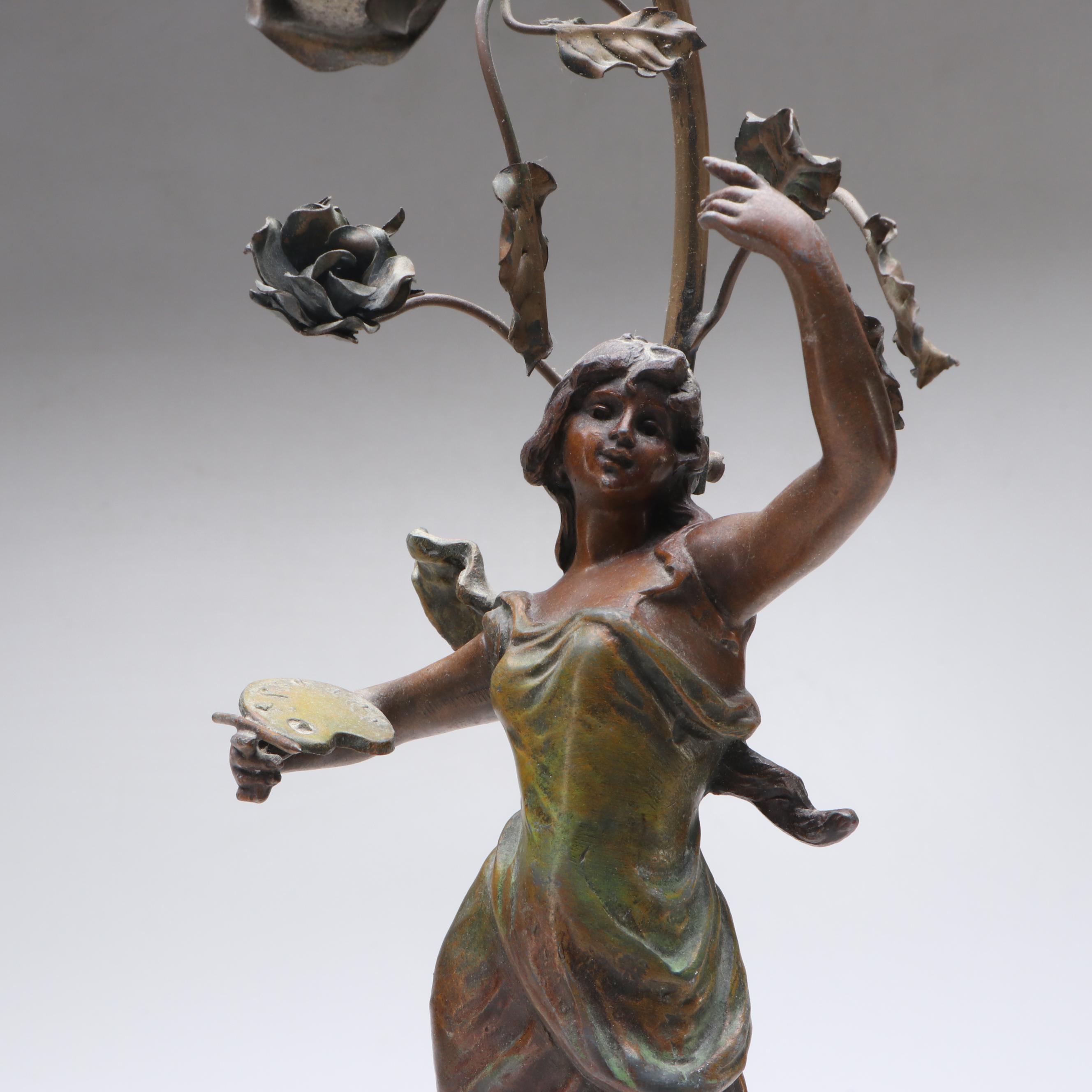 Art Nouveau Style Patinated Spelter Accent Lamp After George Maxim