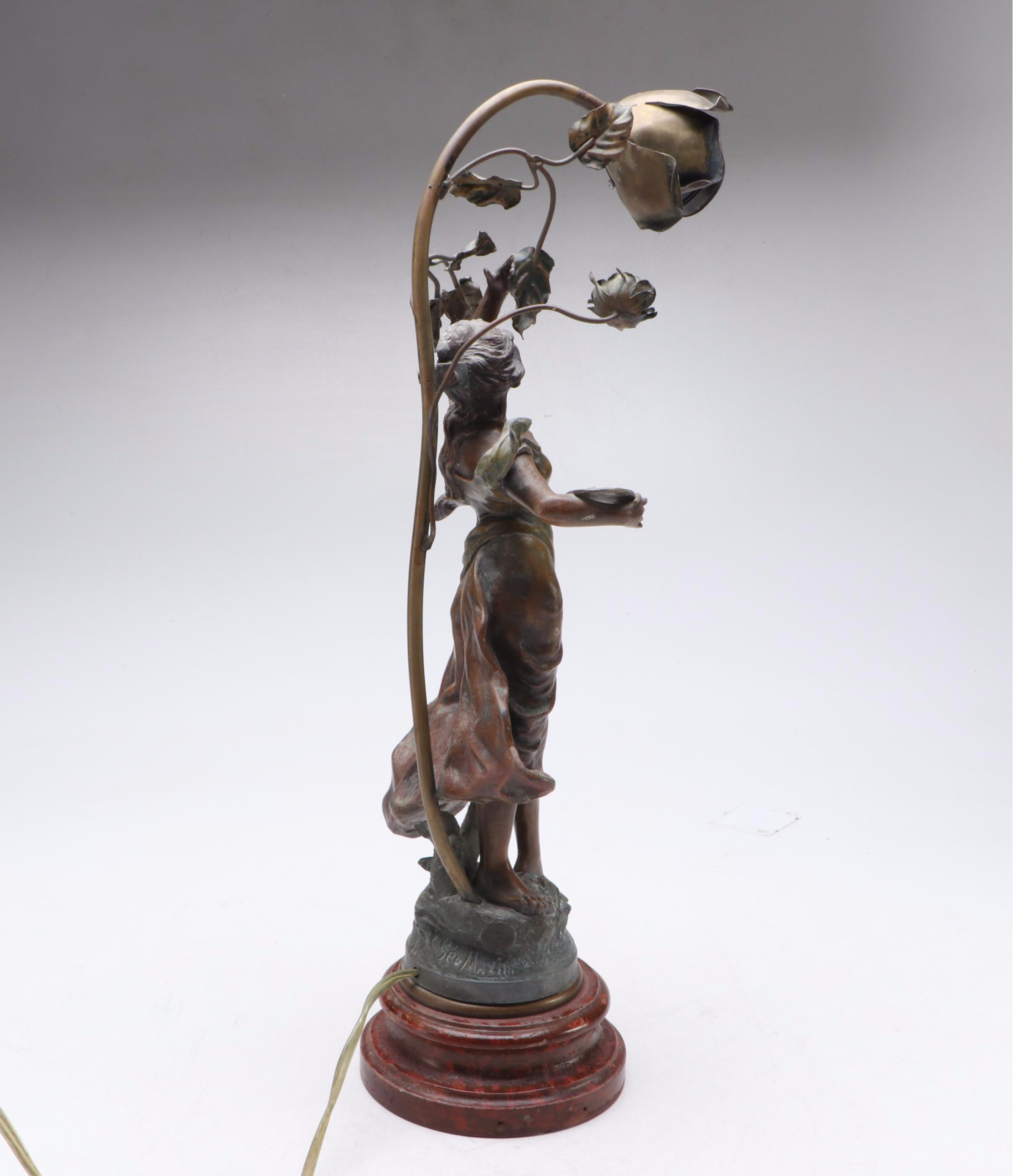 Art Nouveau Style Patinated Spelter Accent Lamp After George Maxim