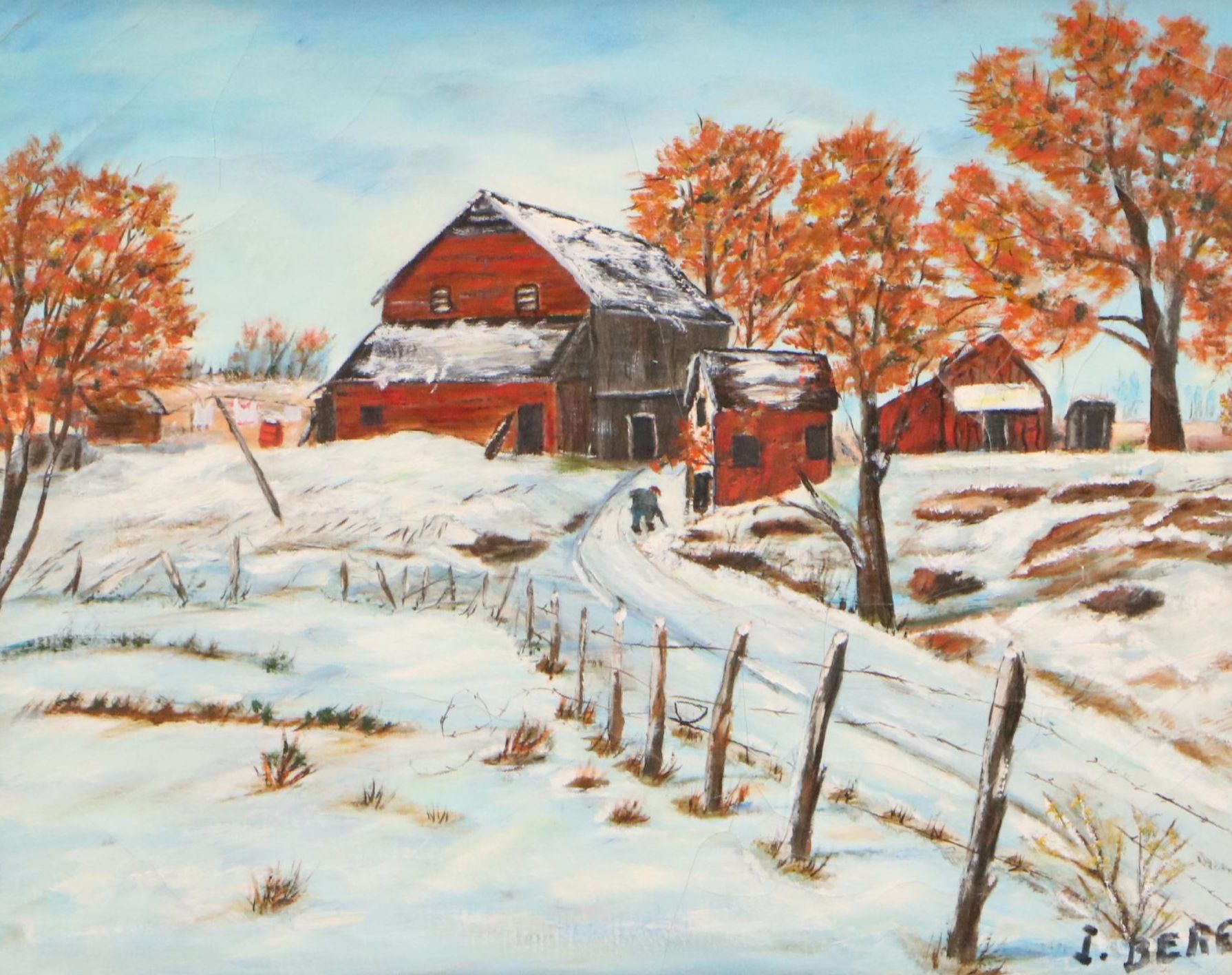 Winter Farm Landscape Oil Painting, Mid-20th Century