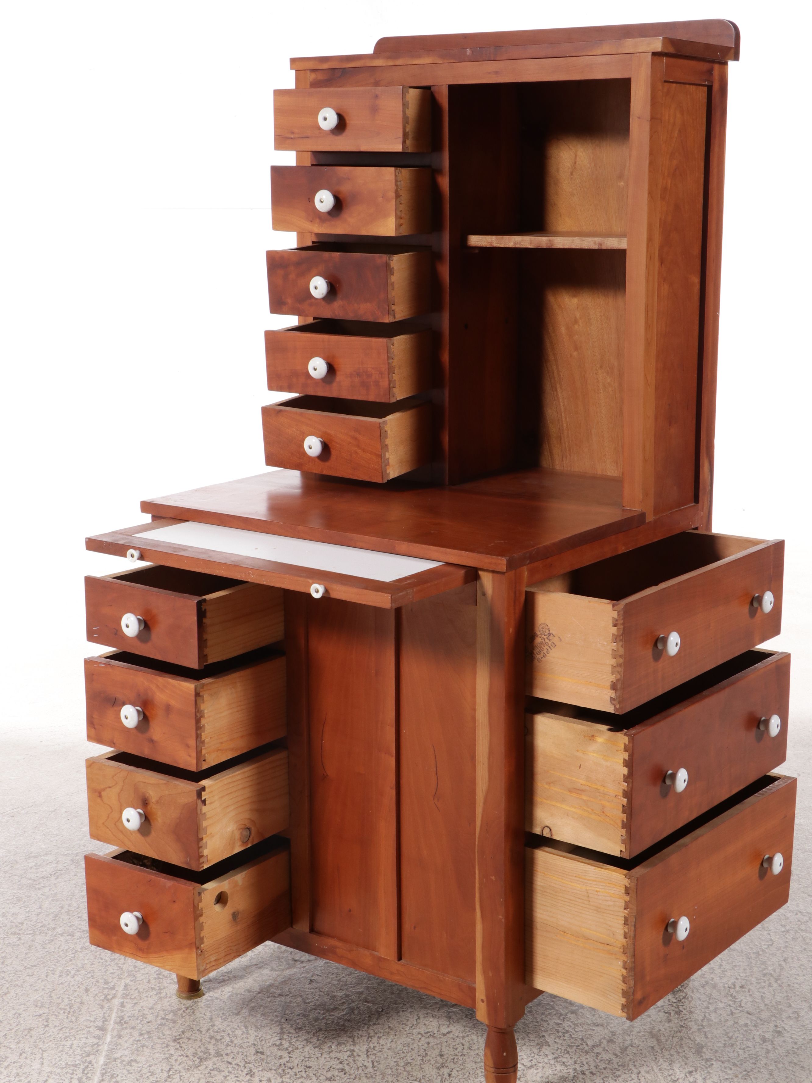 Twelve-Drawer Cherry and Mahogany Dental Cabinet with Draw Leaf