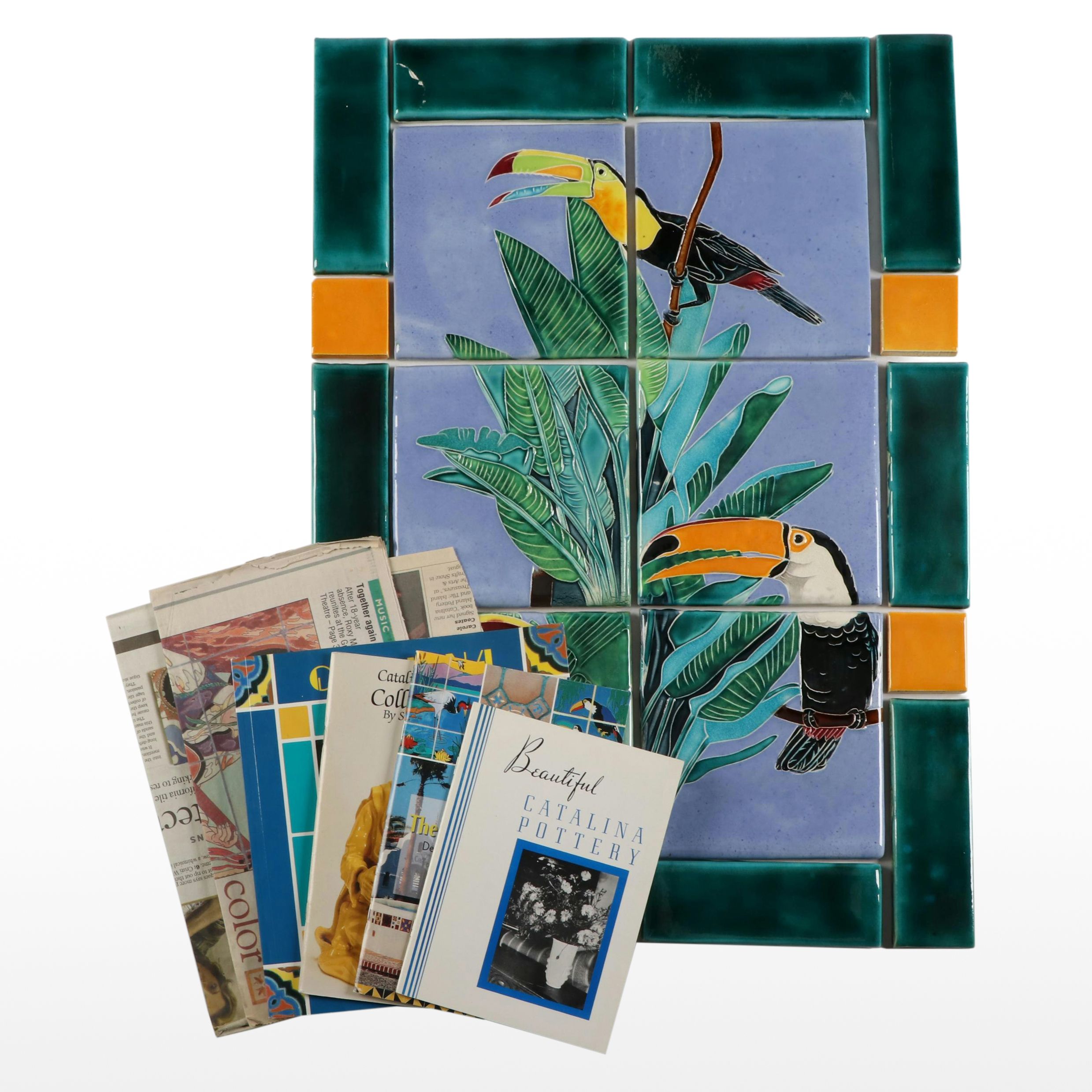 Catalina Pottery Ceramic Toucan Mural with Tile Catalogs and Newspaper Clipping