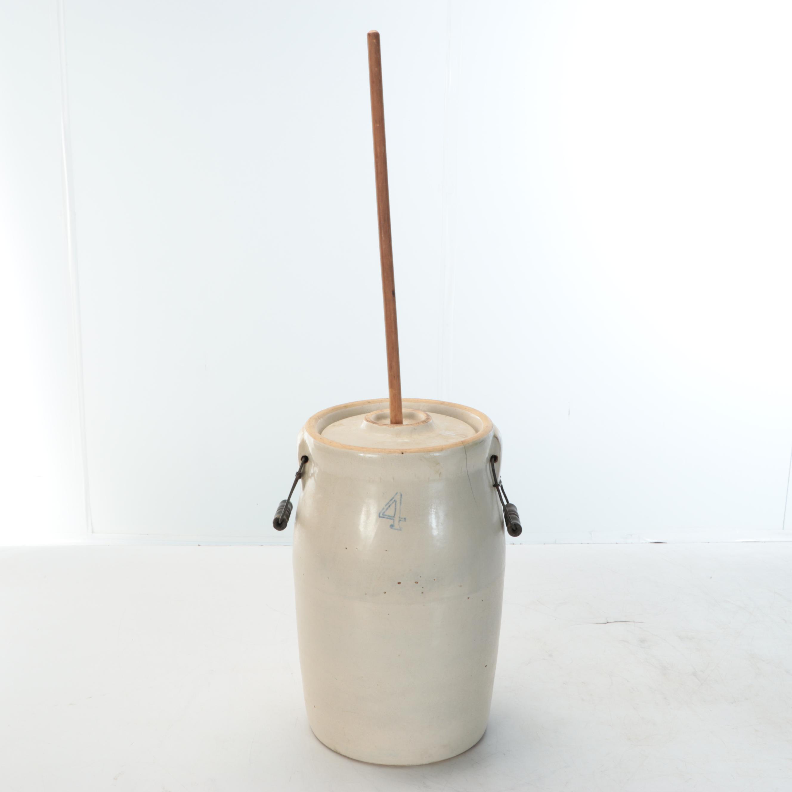 American Salt Glazed Stoneware Crock and Churn with Brown Glazed Jug
