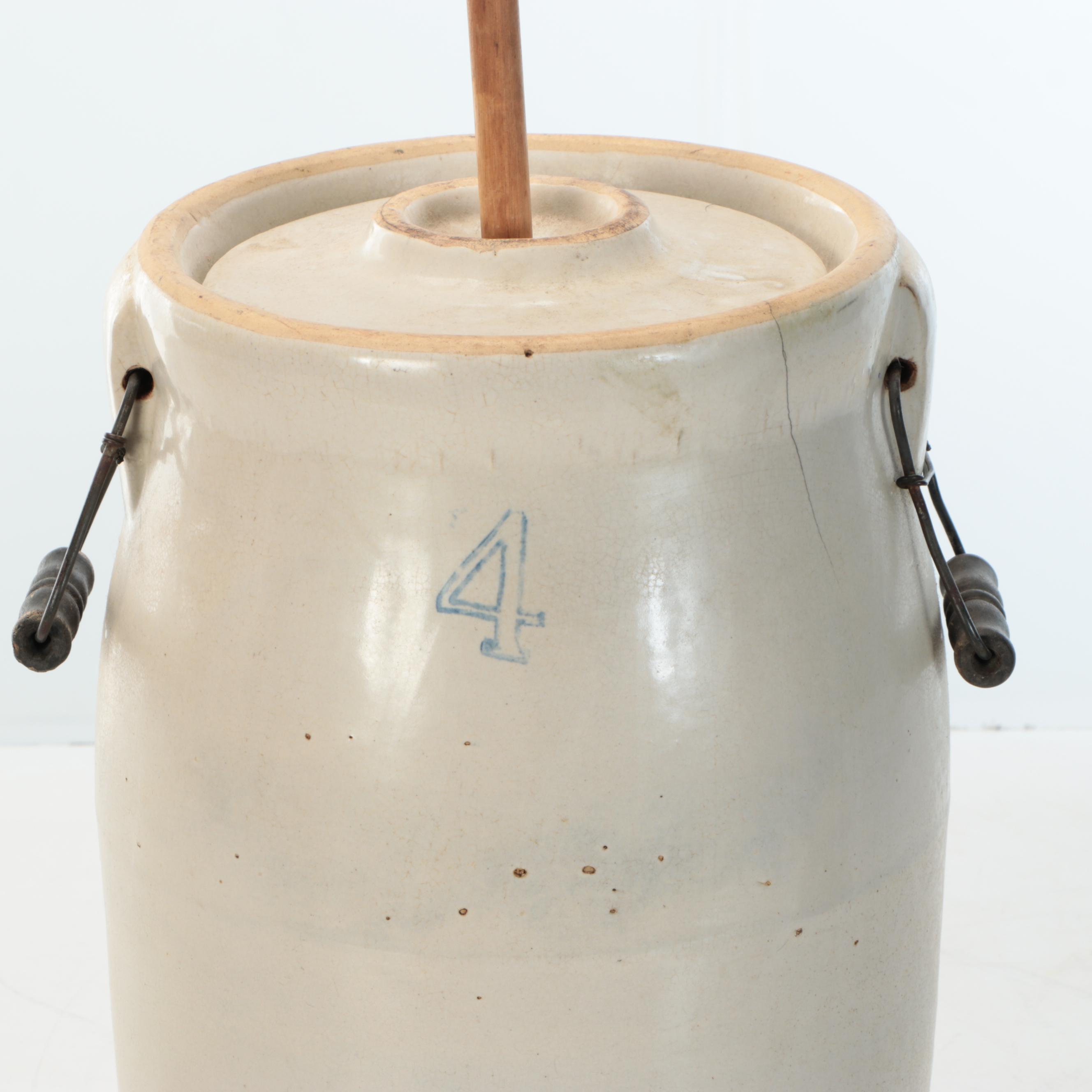American Salt Glazed Stoneware Crock and Churn with Brown Glazed Jug