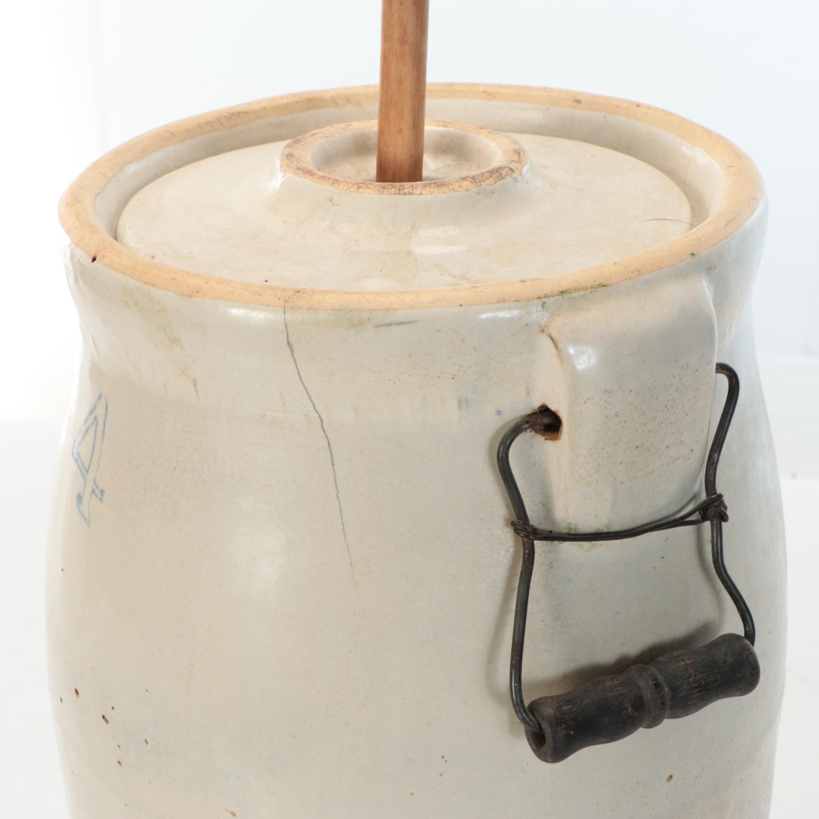 American Salt Glazed Stoneware Crock and Churn with Brown Glazed Jug