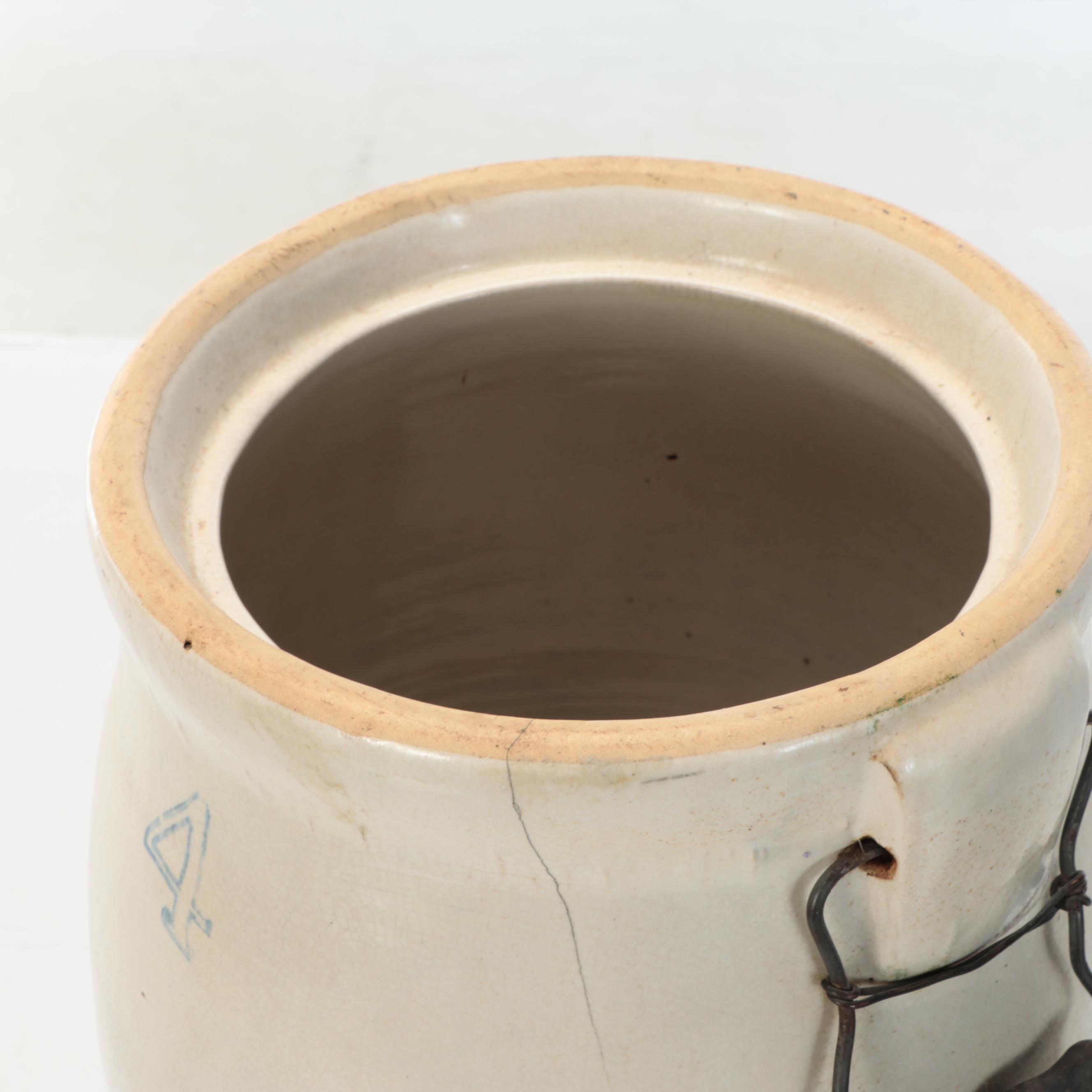 American Salt Glazed Stoneware Crock and Churn with Brown Glazed Jug