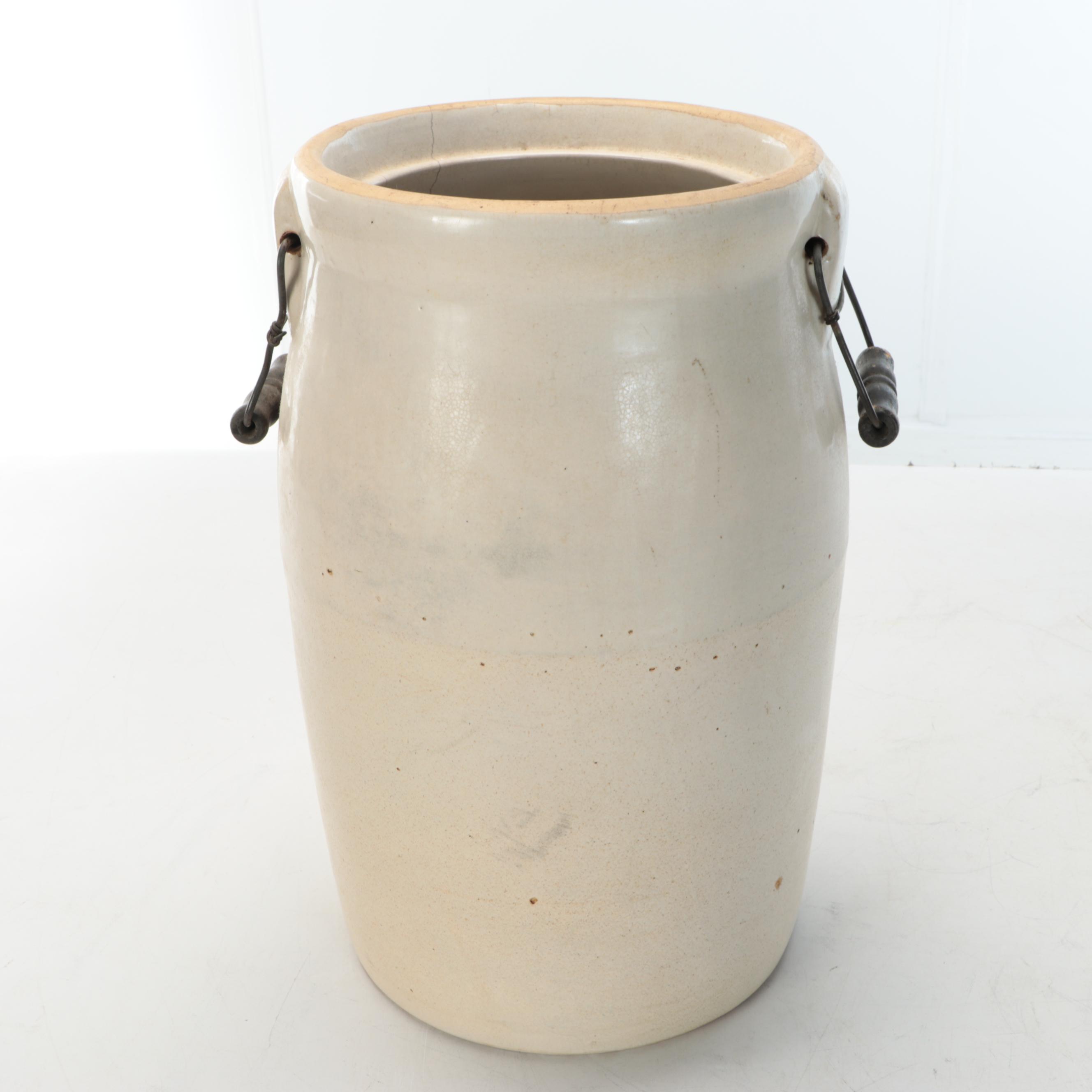 American Salt Glazed Stoneware Crock and Churn with Brown Glazed Jug