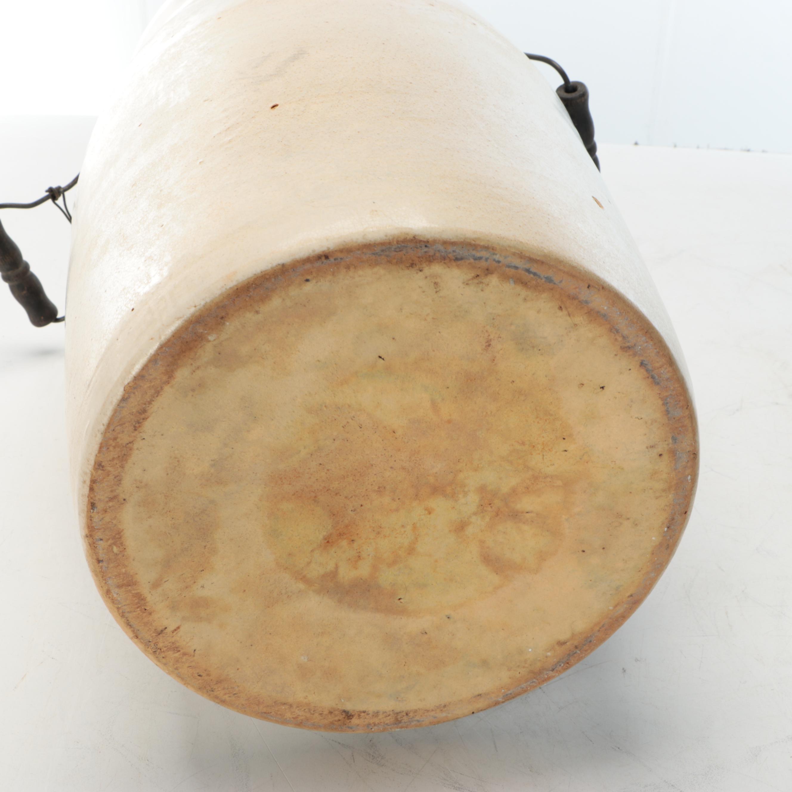 American Salt Glazed Stoneware Crock and Churn with Brown Glazed Jug