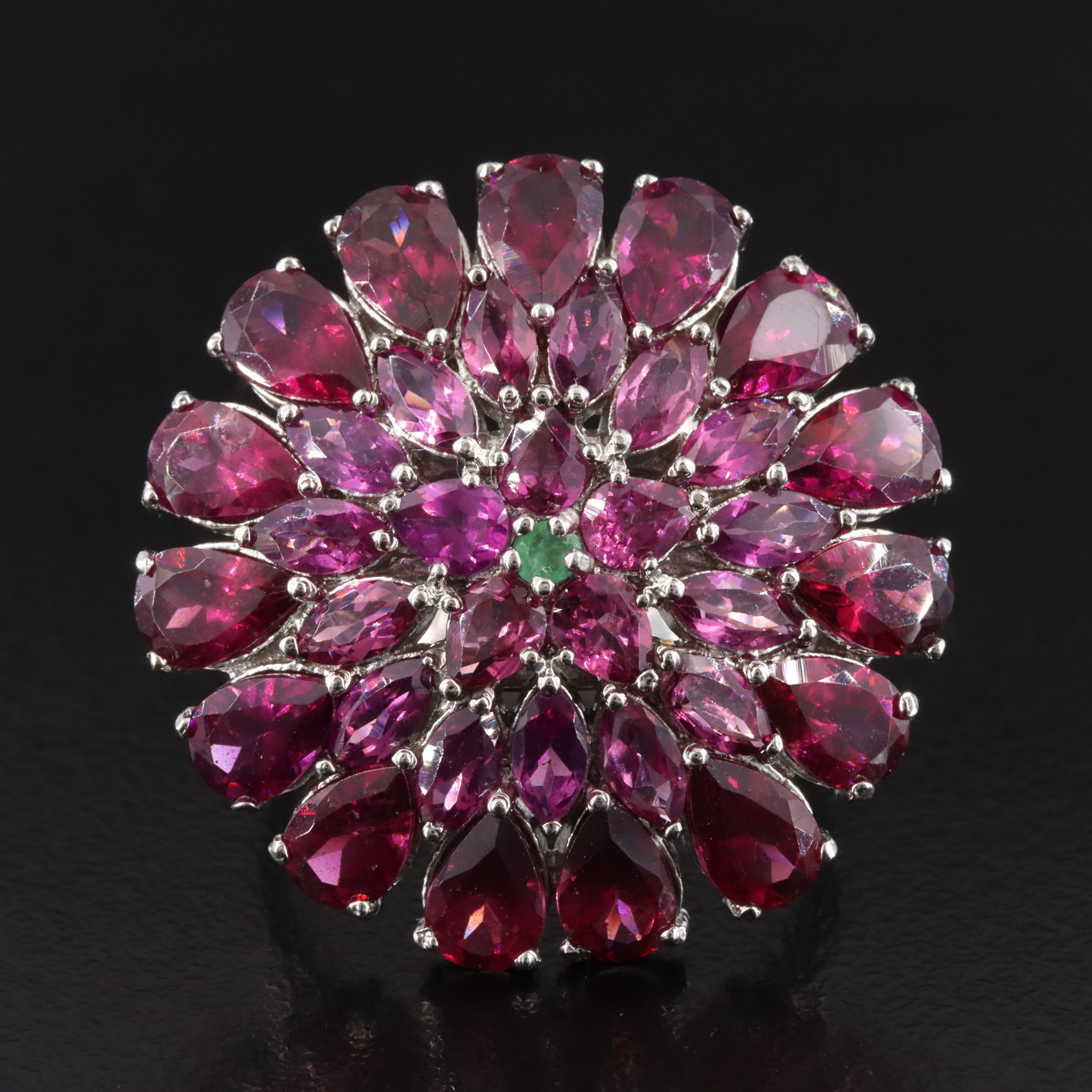 Sterling Garnet and Emerald Floral Ring