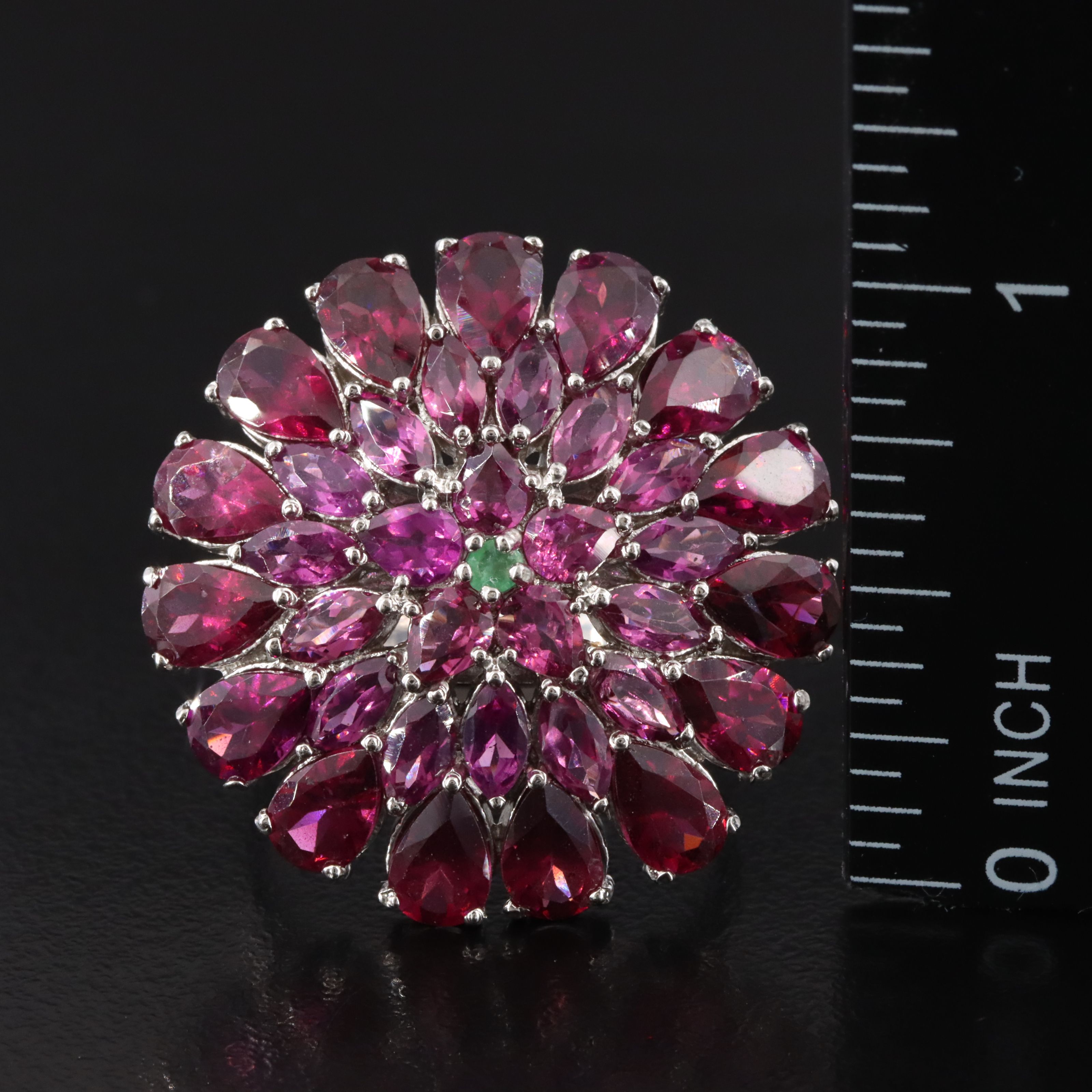 Sterling Garnet and Emerald Floral Ring