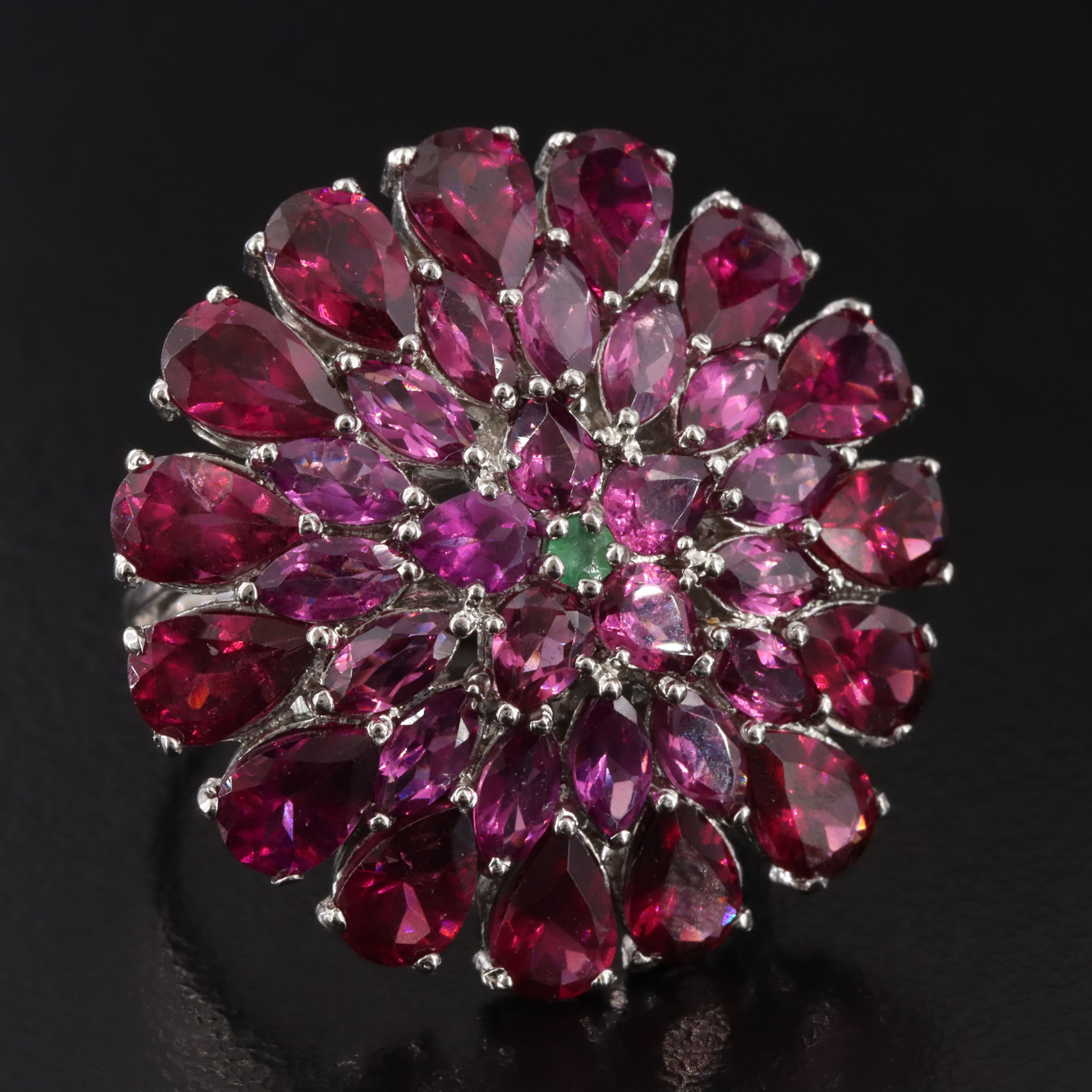 Sterling Garnet and Emerald Floral Ring