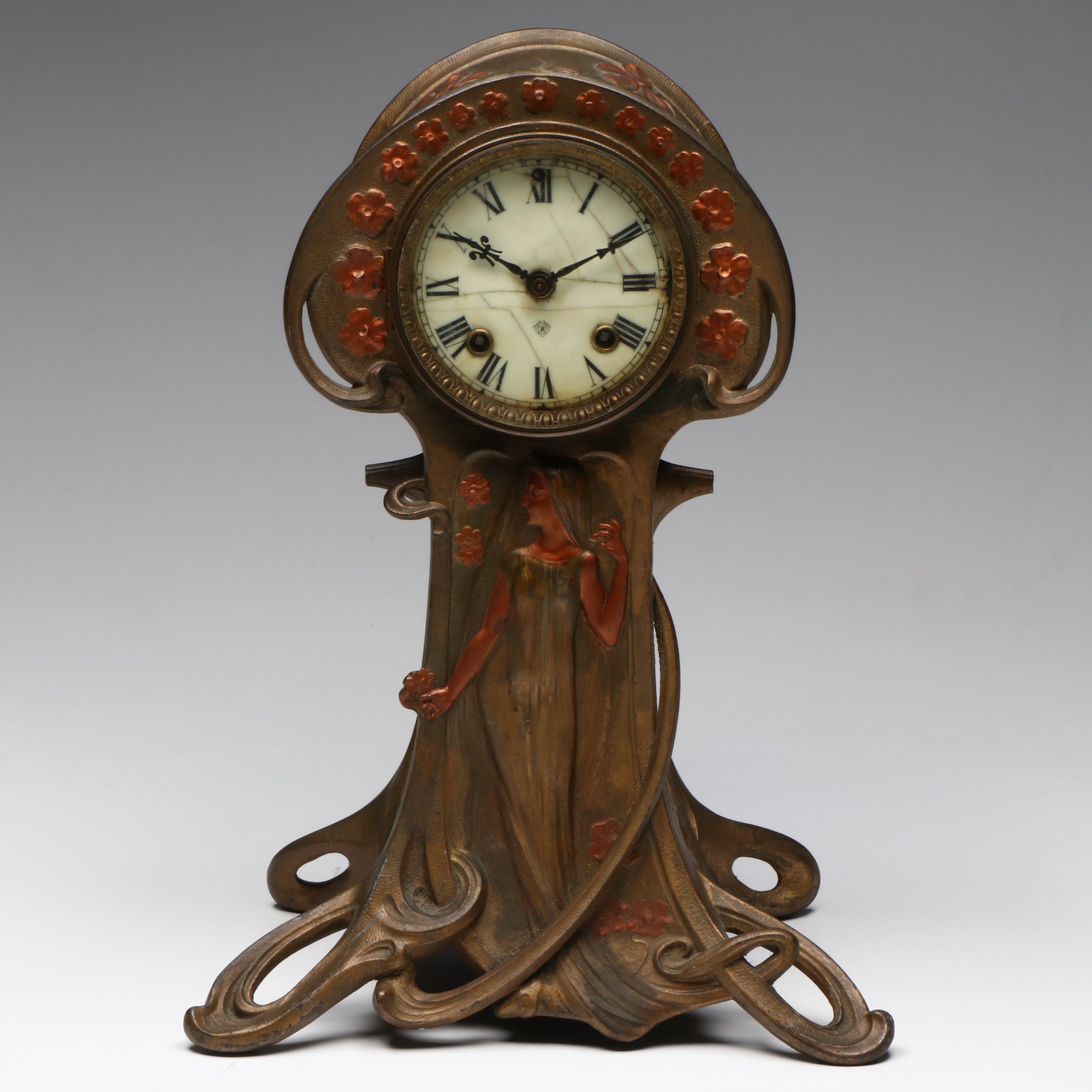 Art Nouveau Ansonia Polychrome Metal Mantel Clock