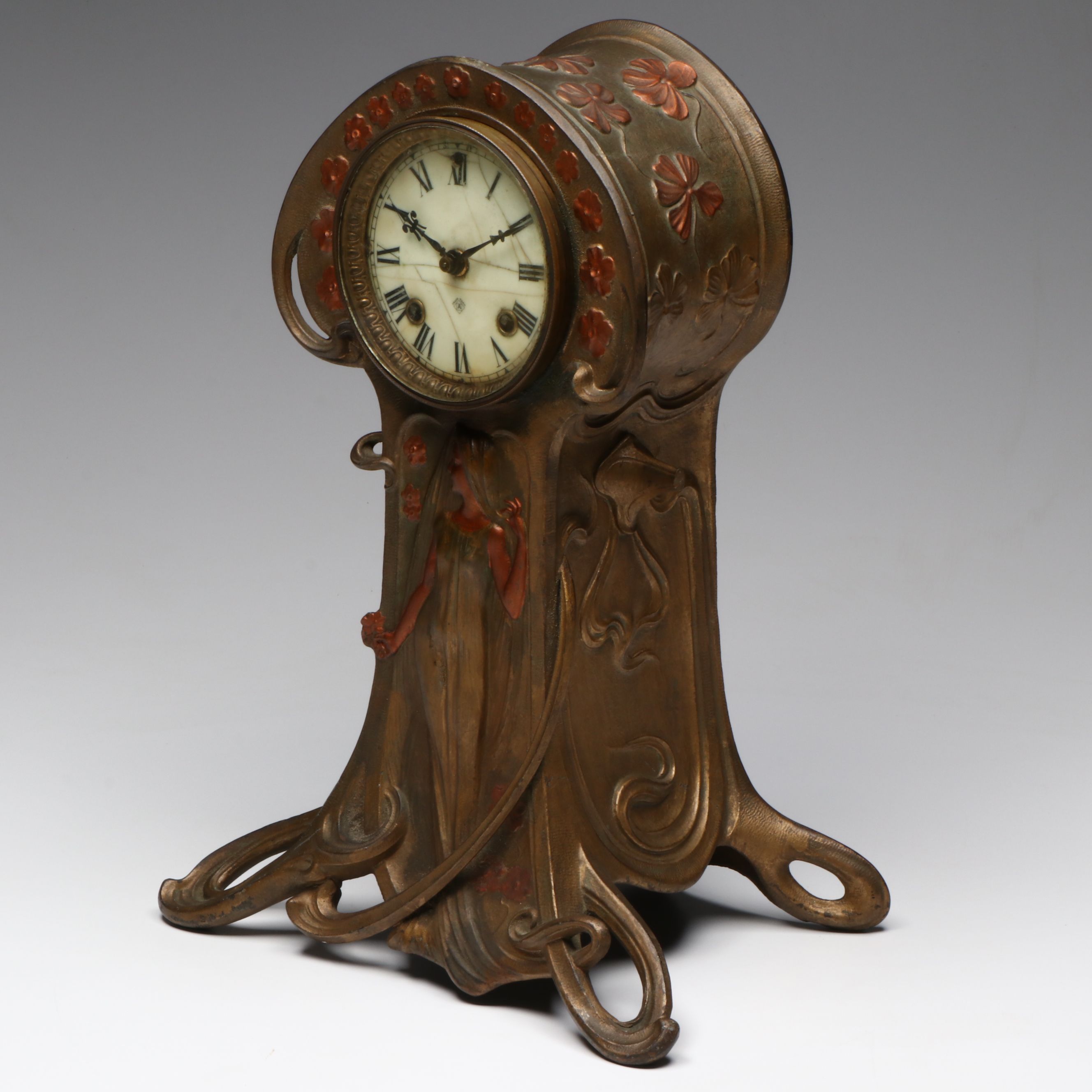 Art Nouveau Ansonia Polychrome Metal Mantel Clock