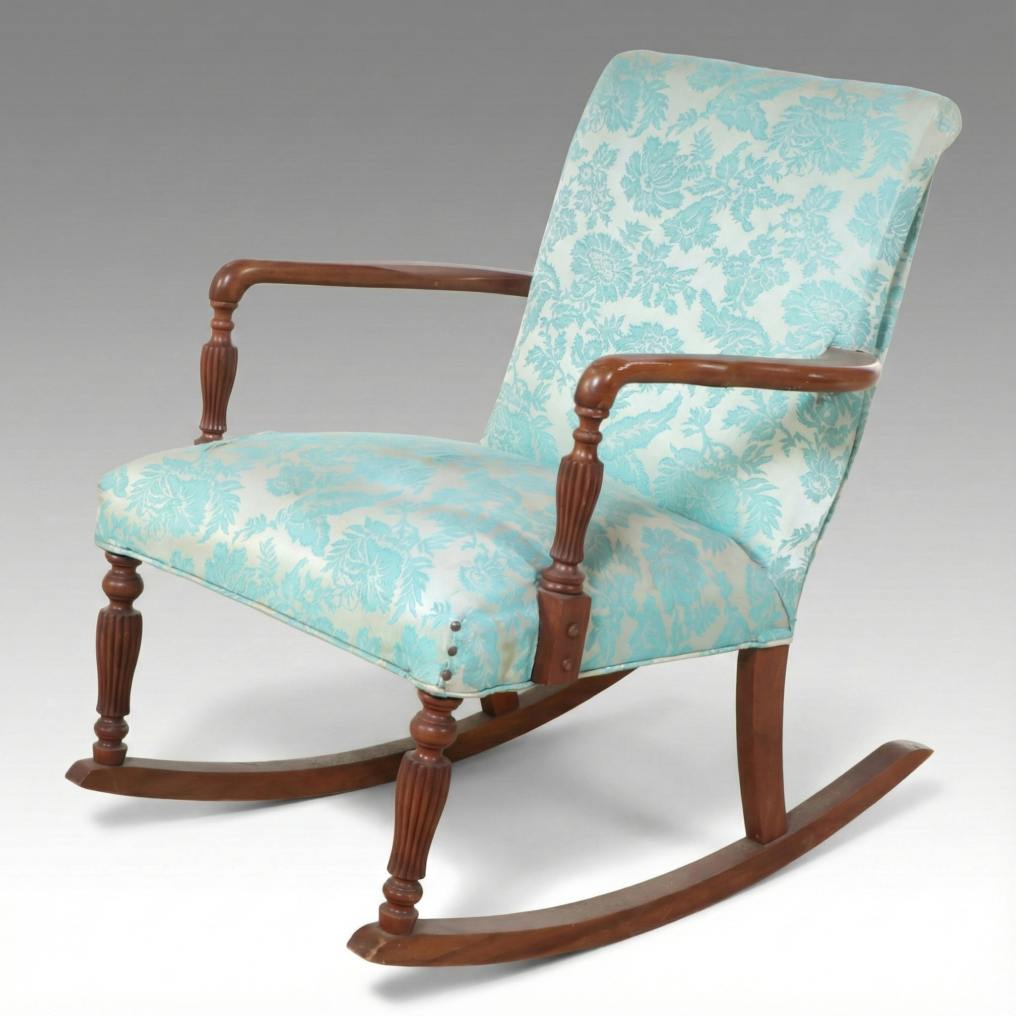 Federal Style Damask Upholstered Mahogany Finish Rocking Chair, 20th Century