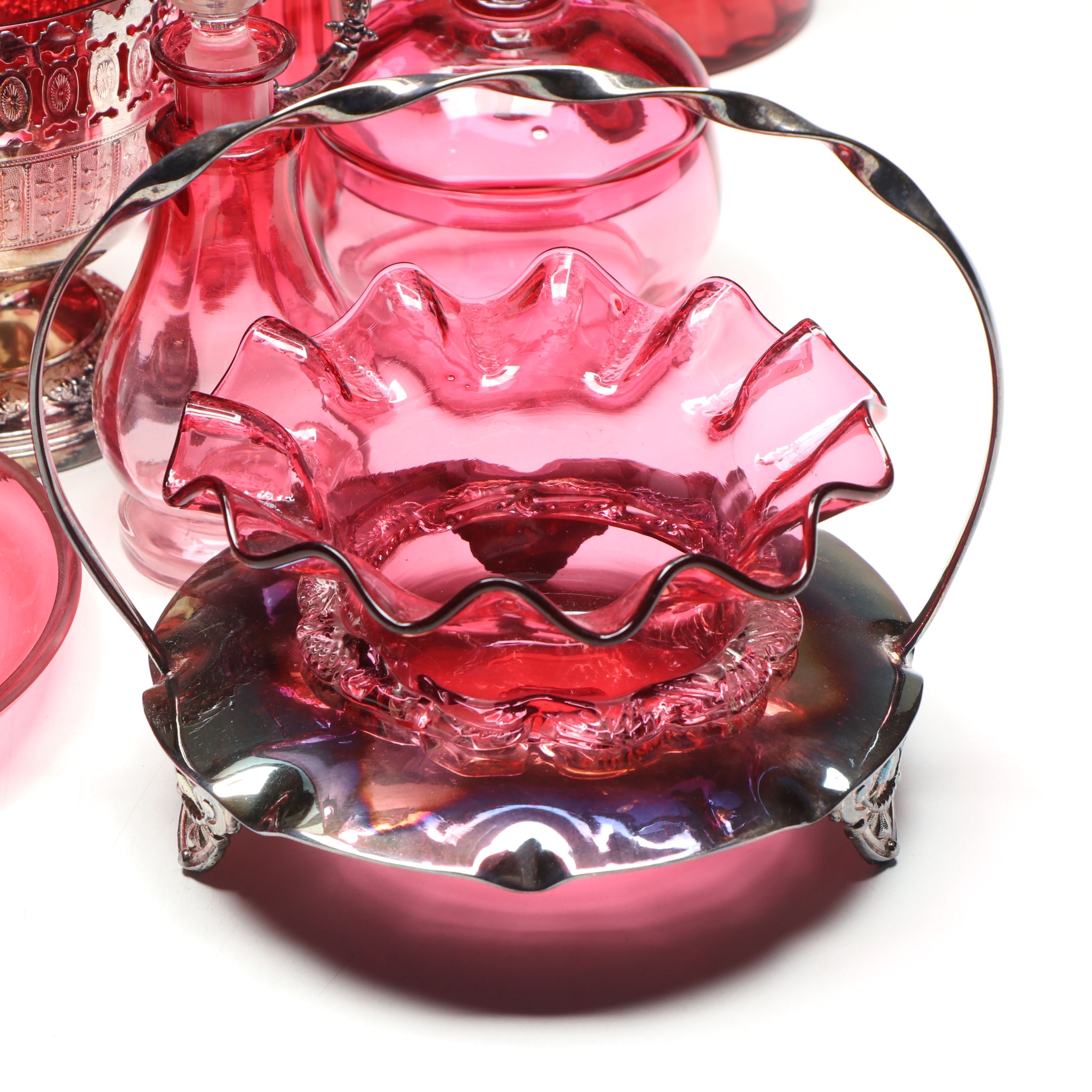 Henry Bourne Sterling and Cranberry Glass Vase with More Table Accessories
