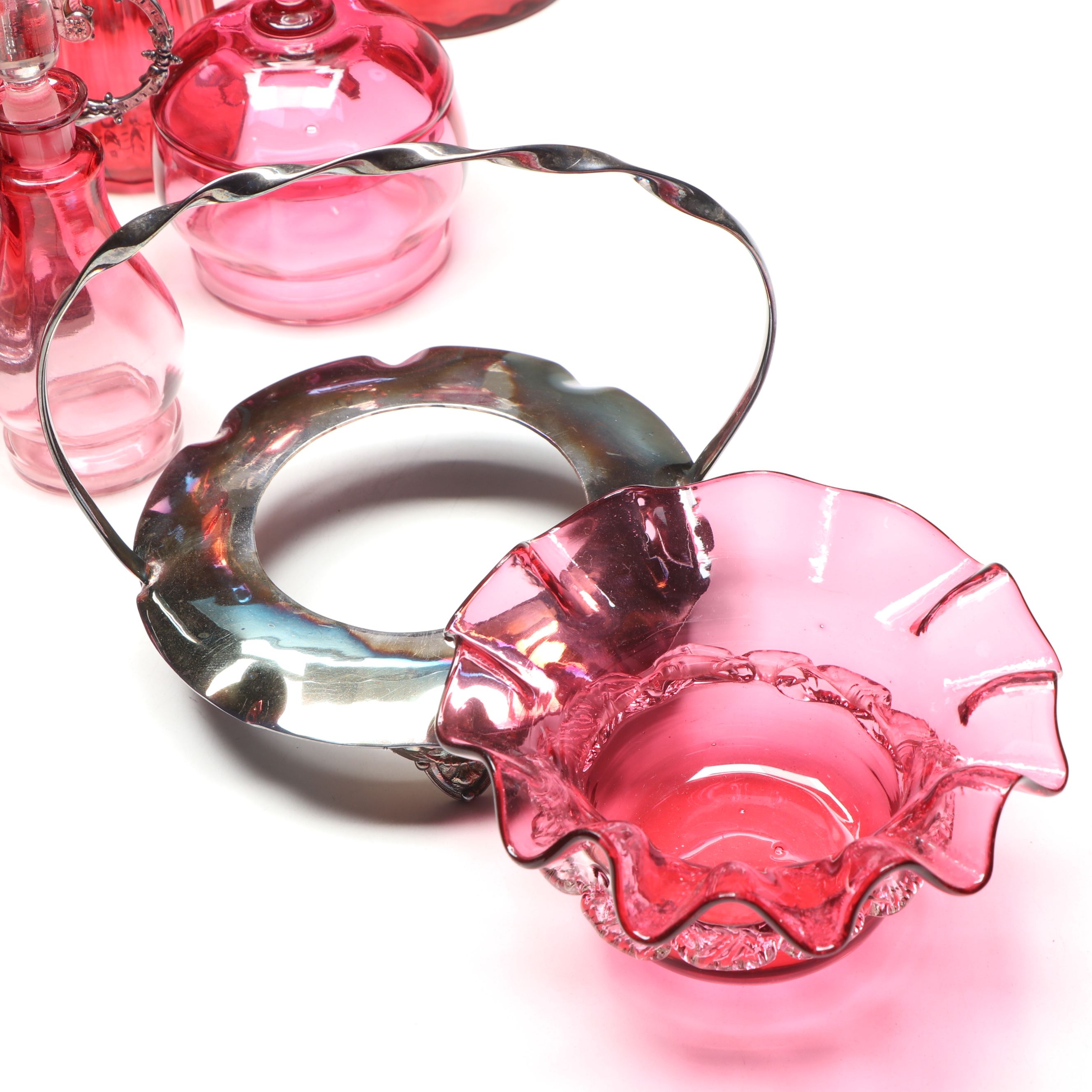 Henry Bourne Sterling and Cranberry Glass Vase with More Table Accessories