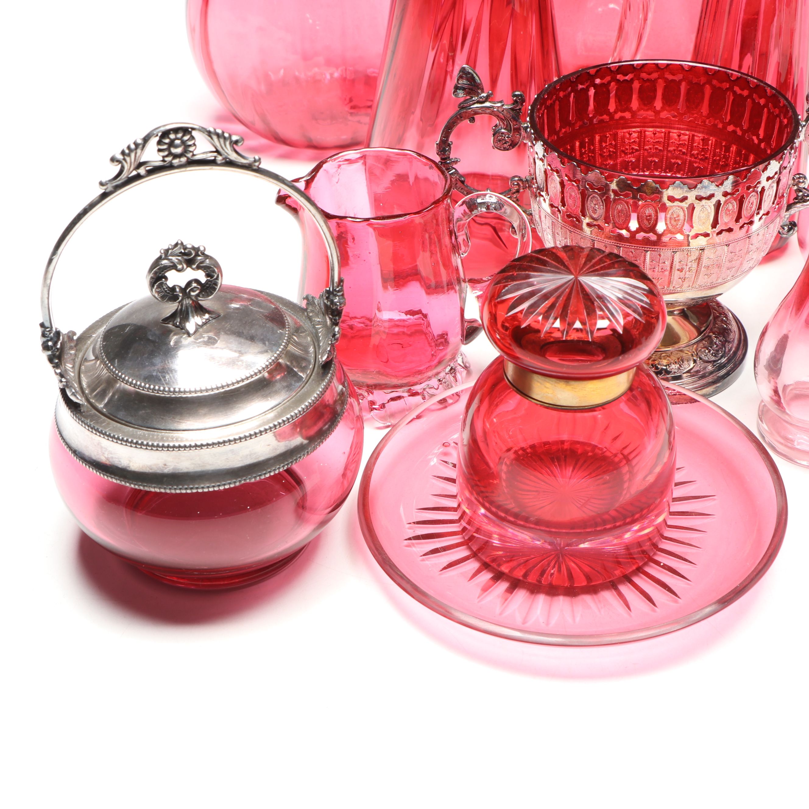 Henry Bourne Sterling and Cranberry Glass Vase with More Table Accessories