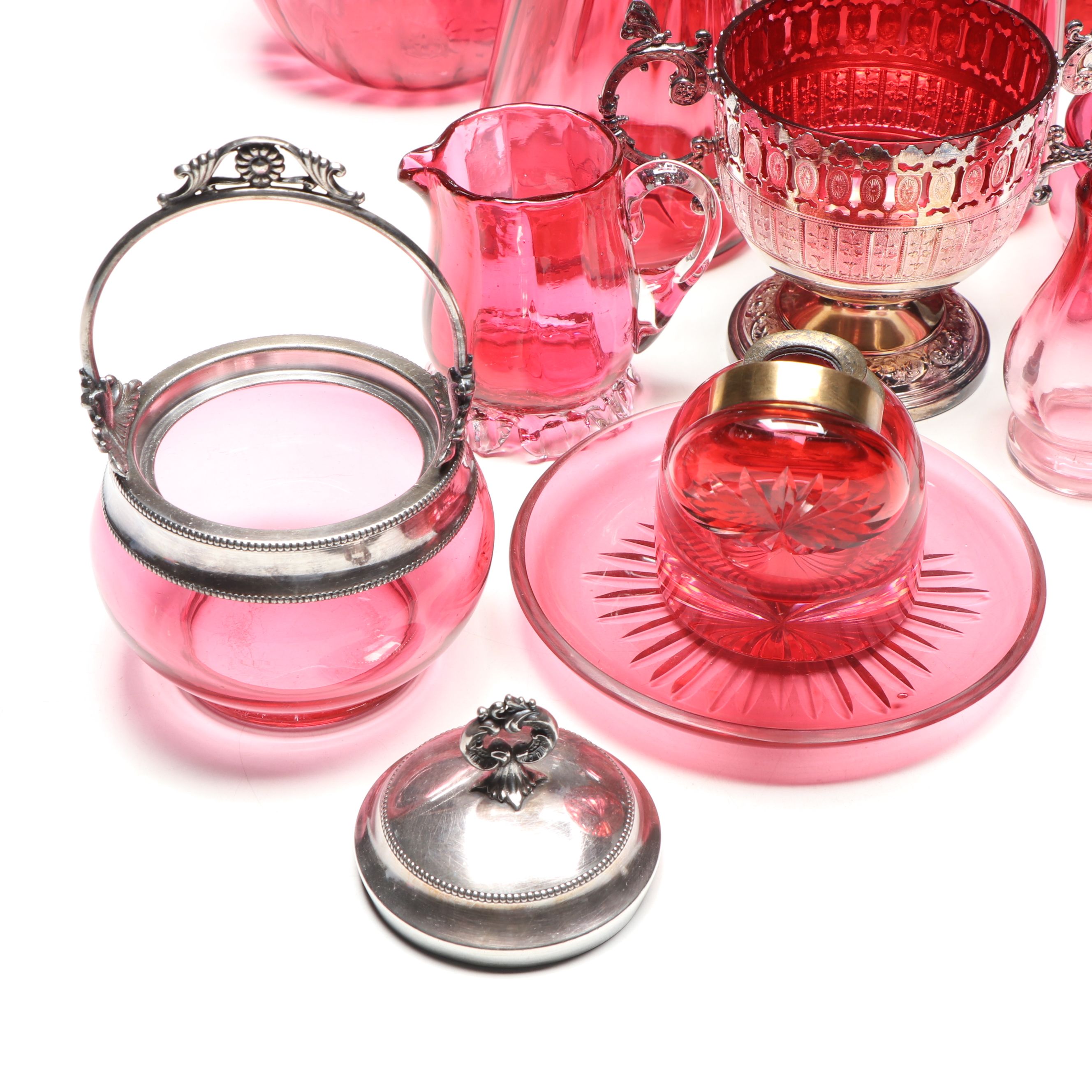 Henry Bourne Sterling and Cranberry Glass Vase with More Table Accessories