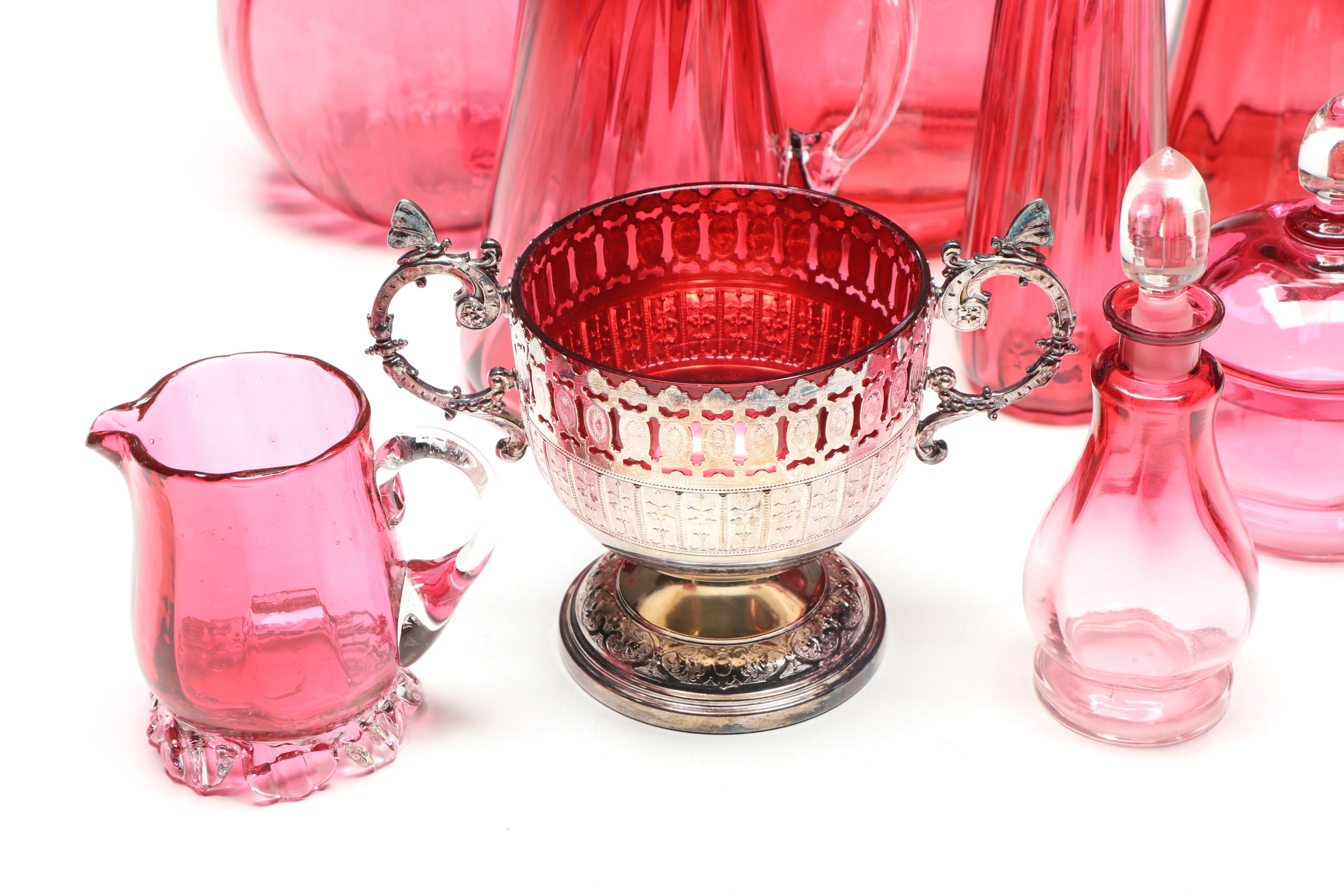 Henry Bourne Sterling and Cranberry Glass Vase with More Table Accessories