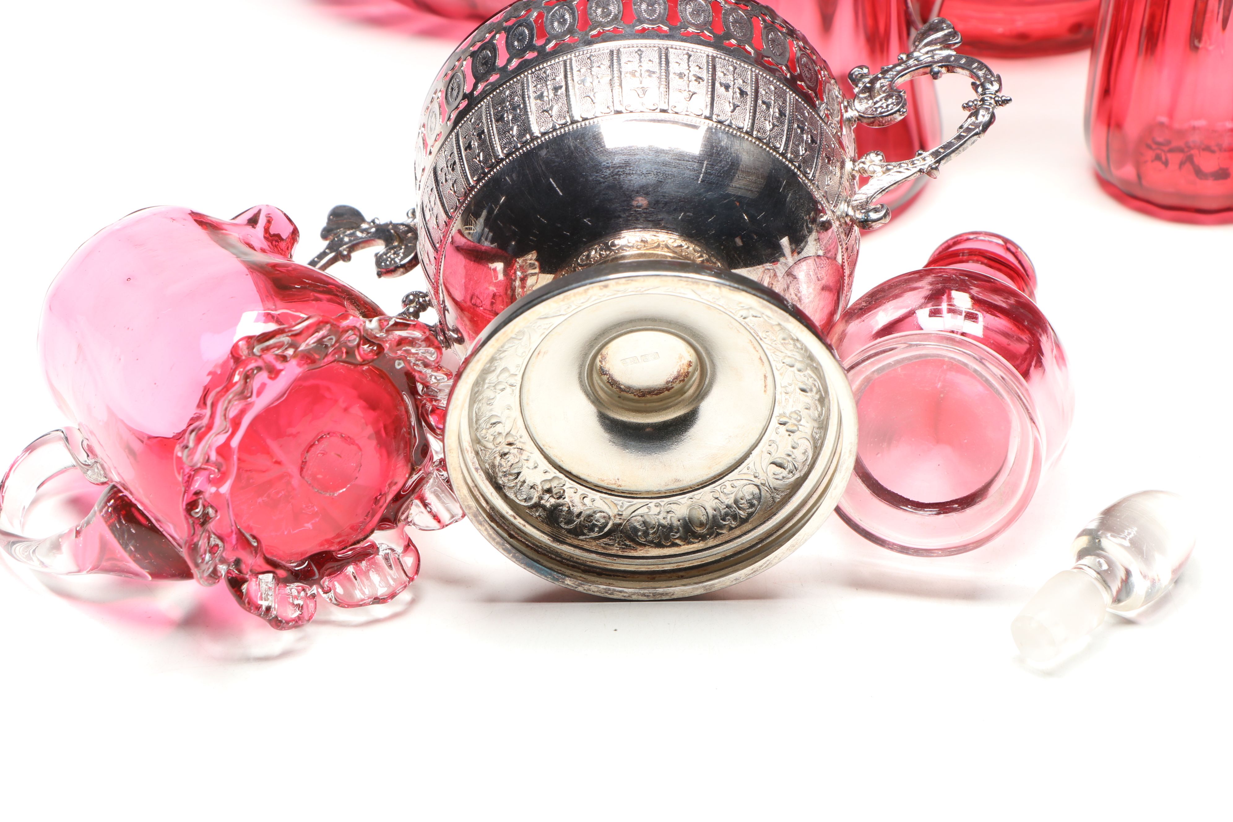 Henry Bourne Sterling and Cranberry Glass Vase with More Table Accessories