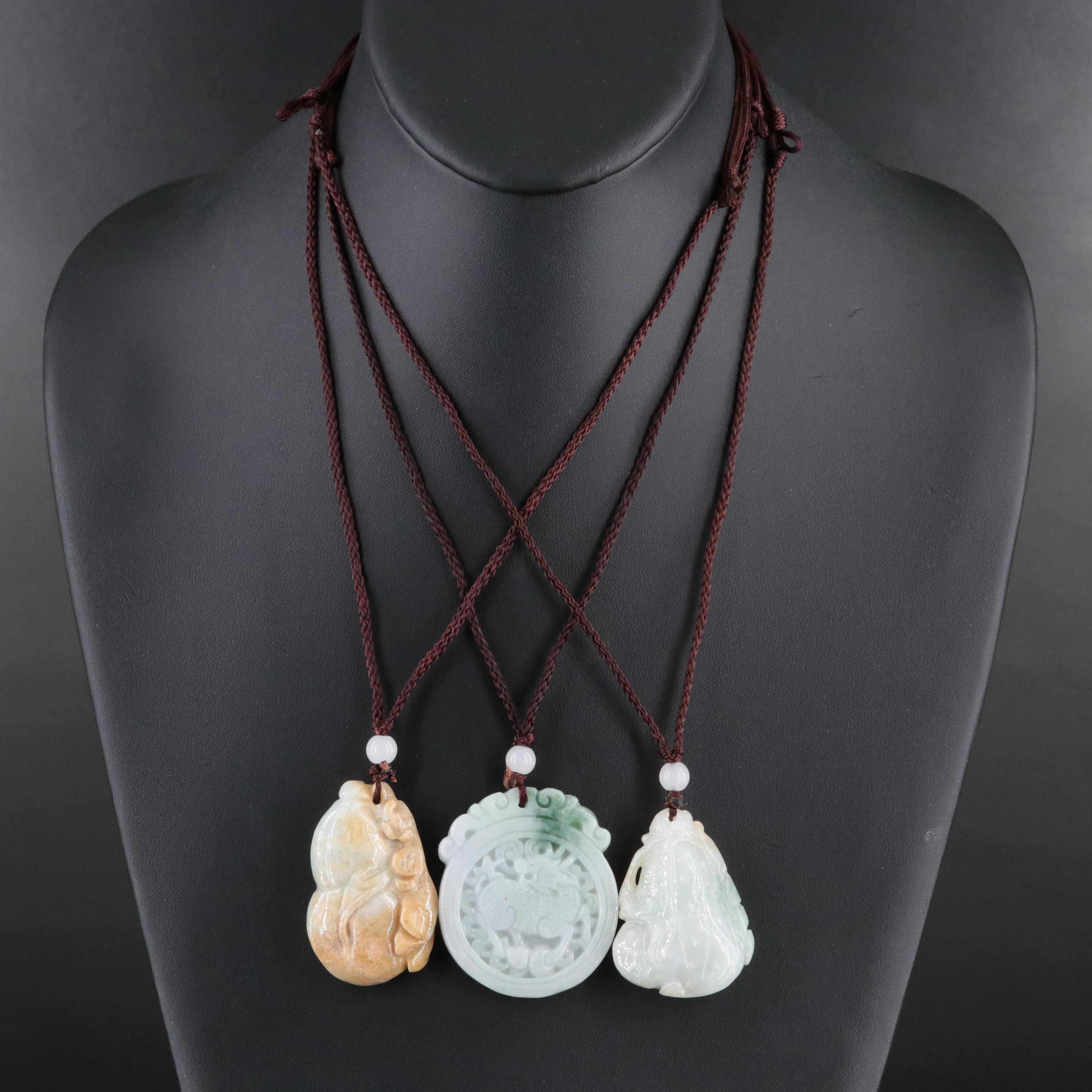 Jadeite Gourd and Dragon Pendant Necklaces with Glass Bead Accents