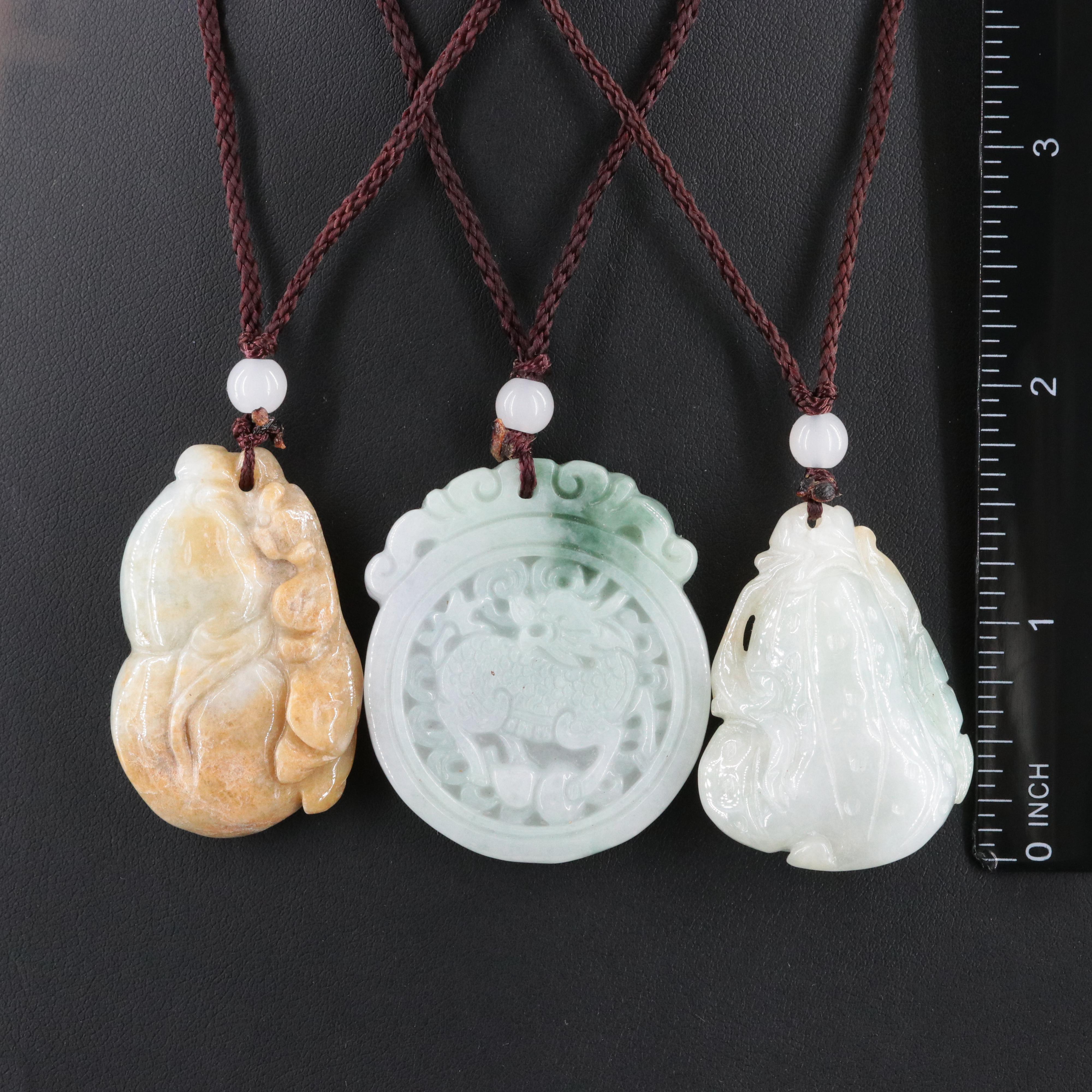 Jadeite Gourd and Dragon Pendant Necklaces with Glass Bead Accents