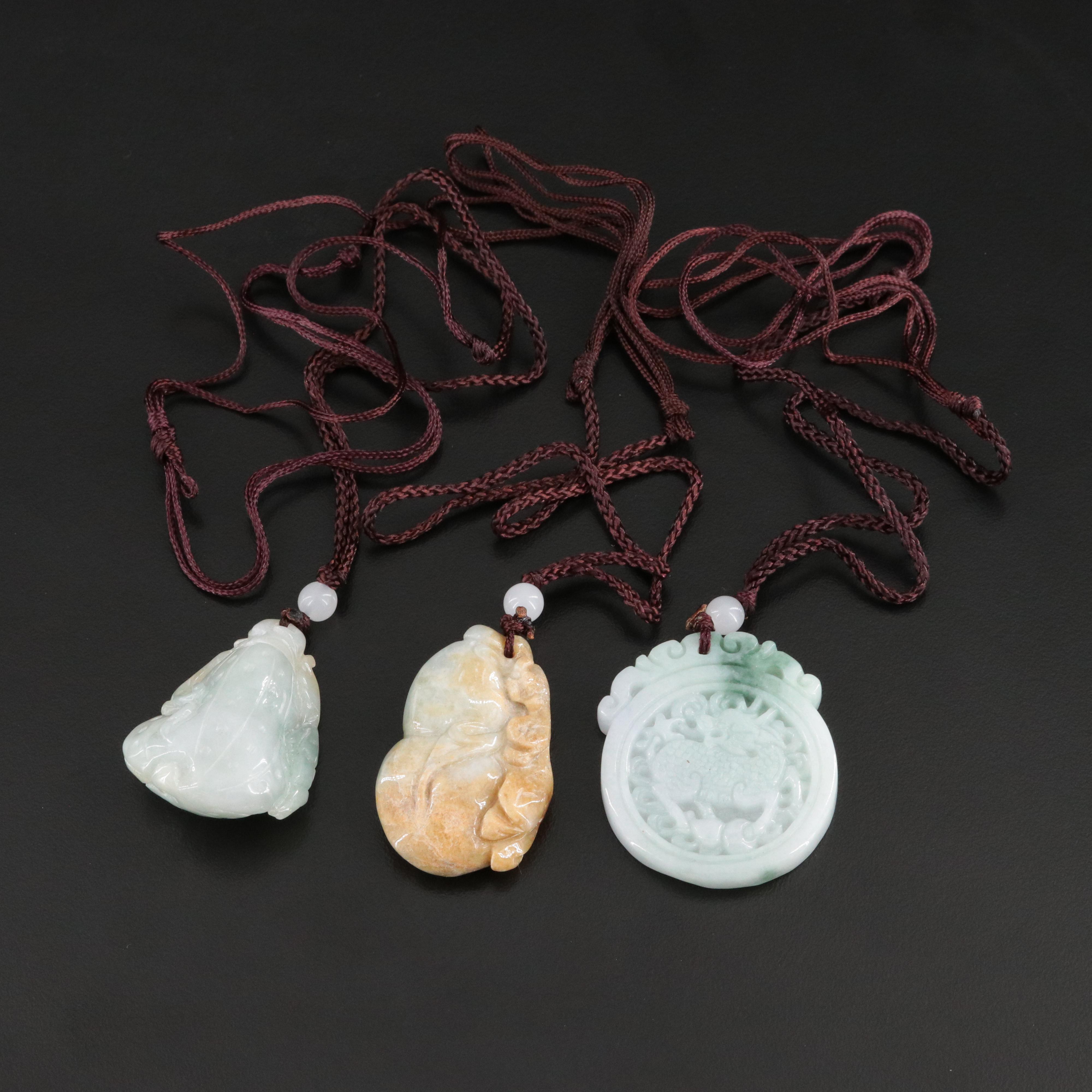 Jadeite Gourd and Dragon Pendant Necklaces with Glass Bead Accents