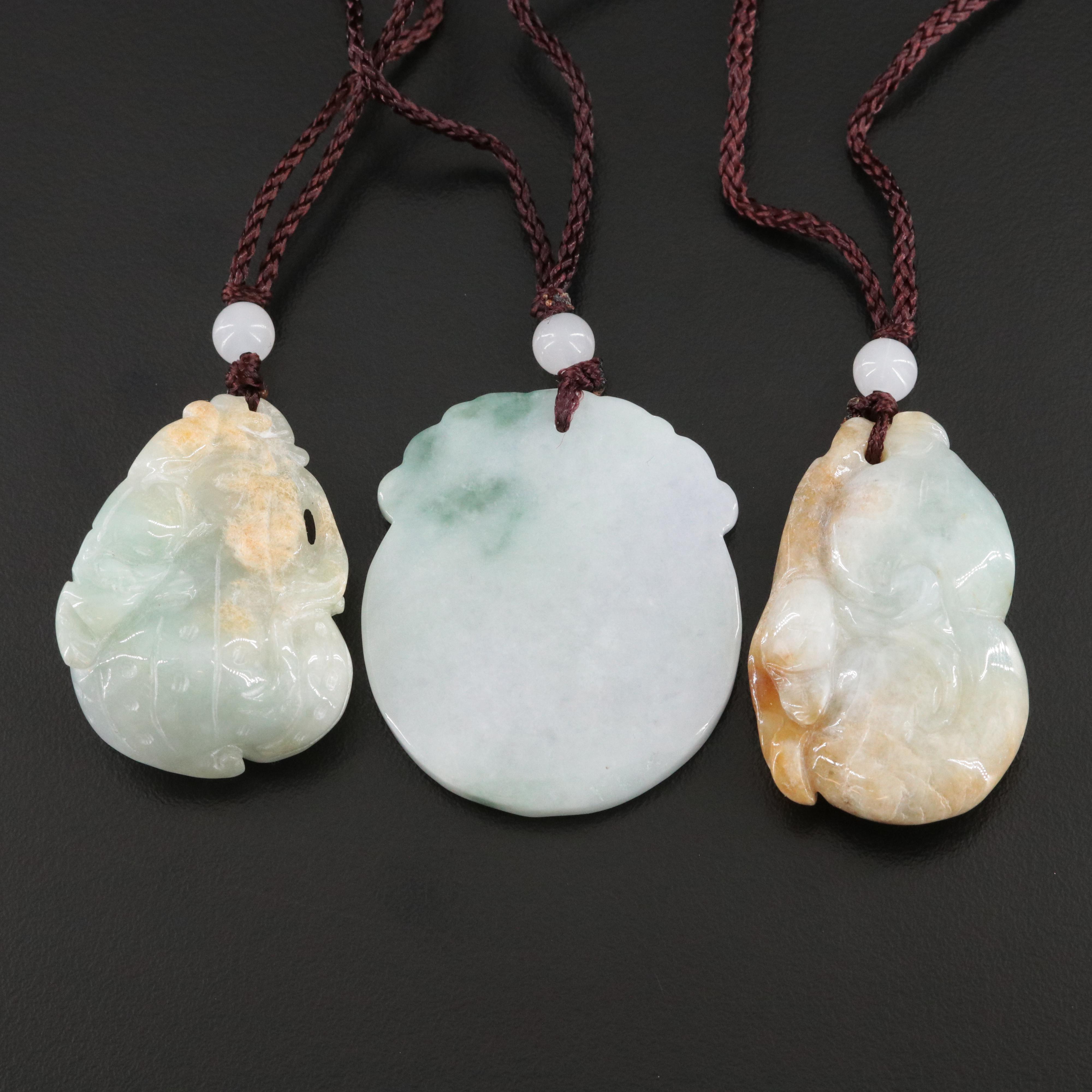Jadeite Gourd and Dragon Pendant Necklaces with Glass Bead Accents