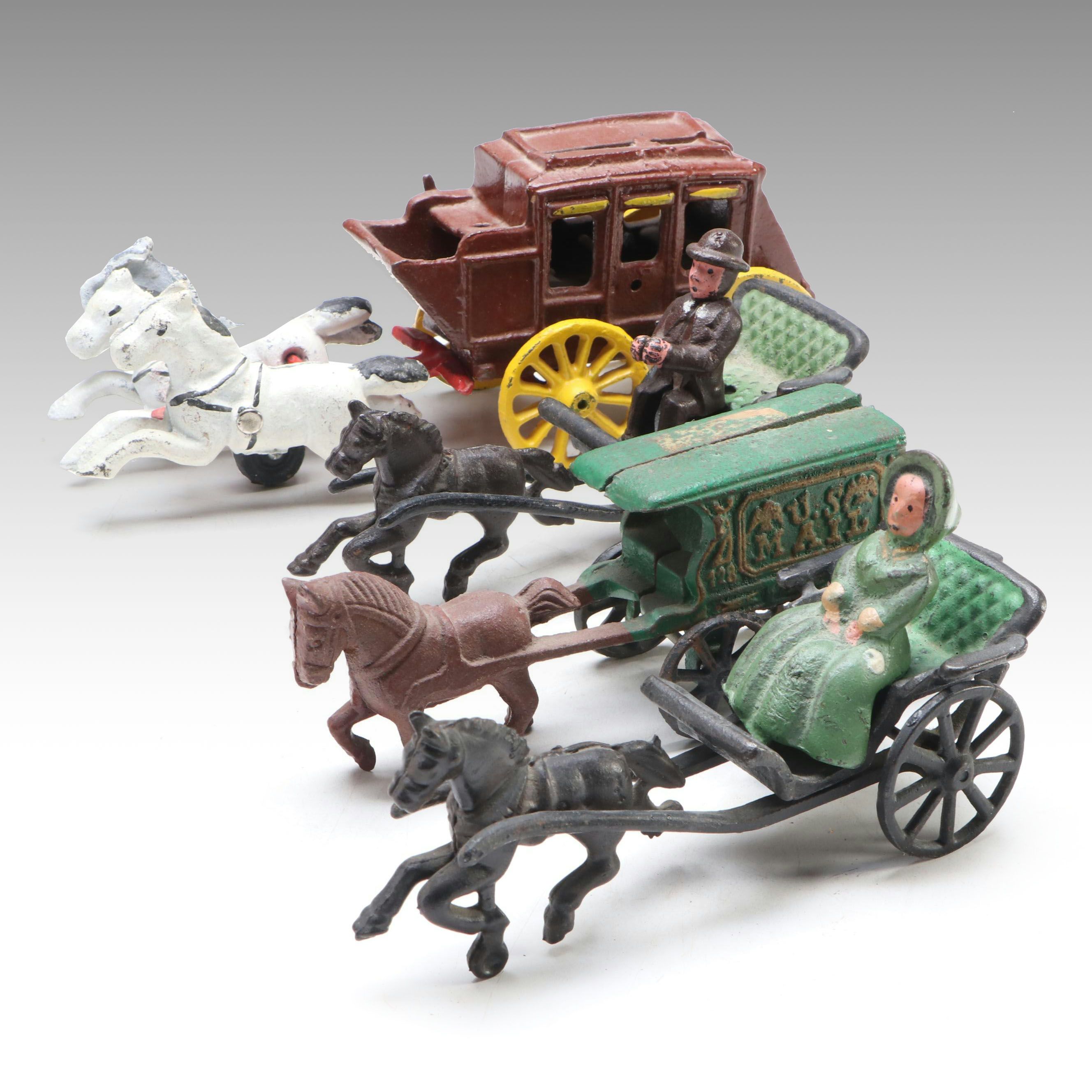 Cold-Painted Cast Iron Horse Drawn Buggies, Delivery Wagon and Stagecoach