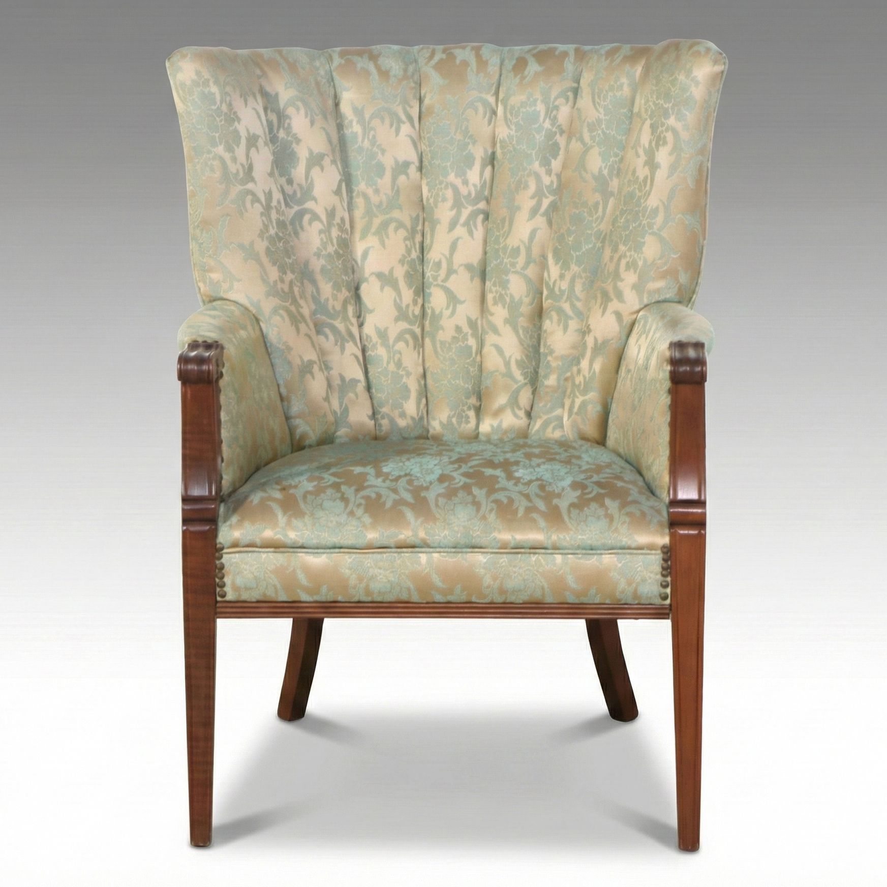 American Art Deco Style Damask Upholstered Channel-Back Armchair