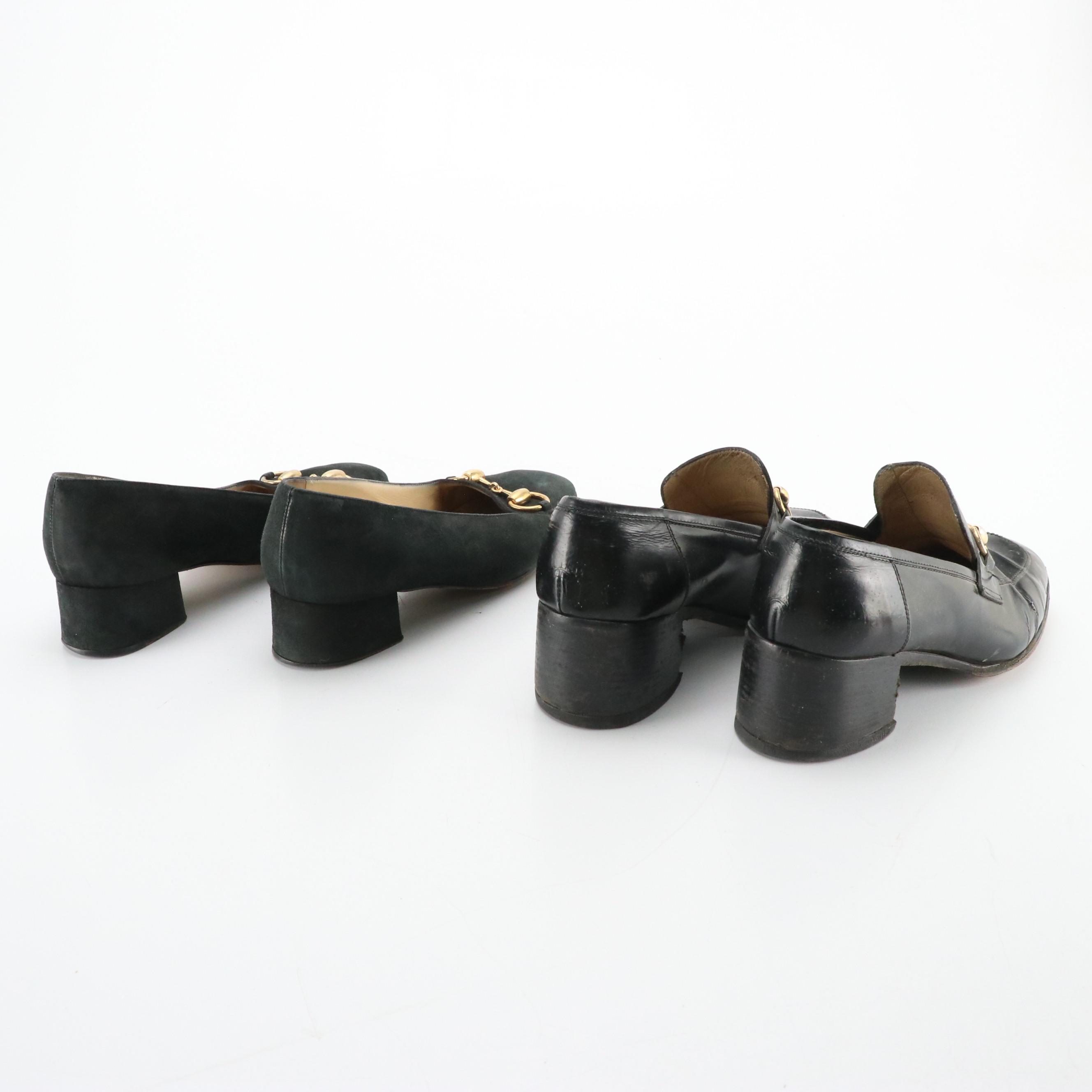 Gucci Vintage Black Leather Horsebit Heeled Loafers and Square-Toe Shoes