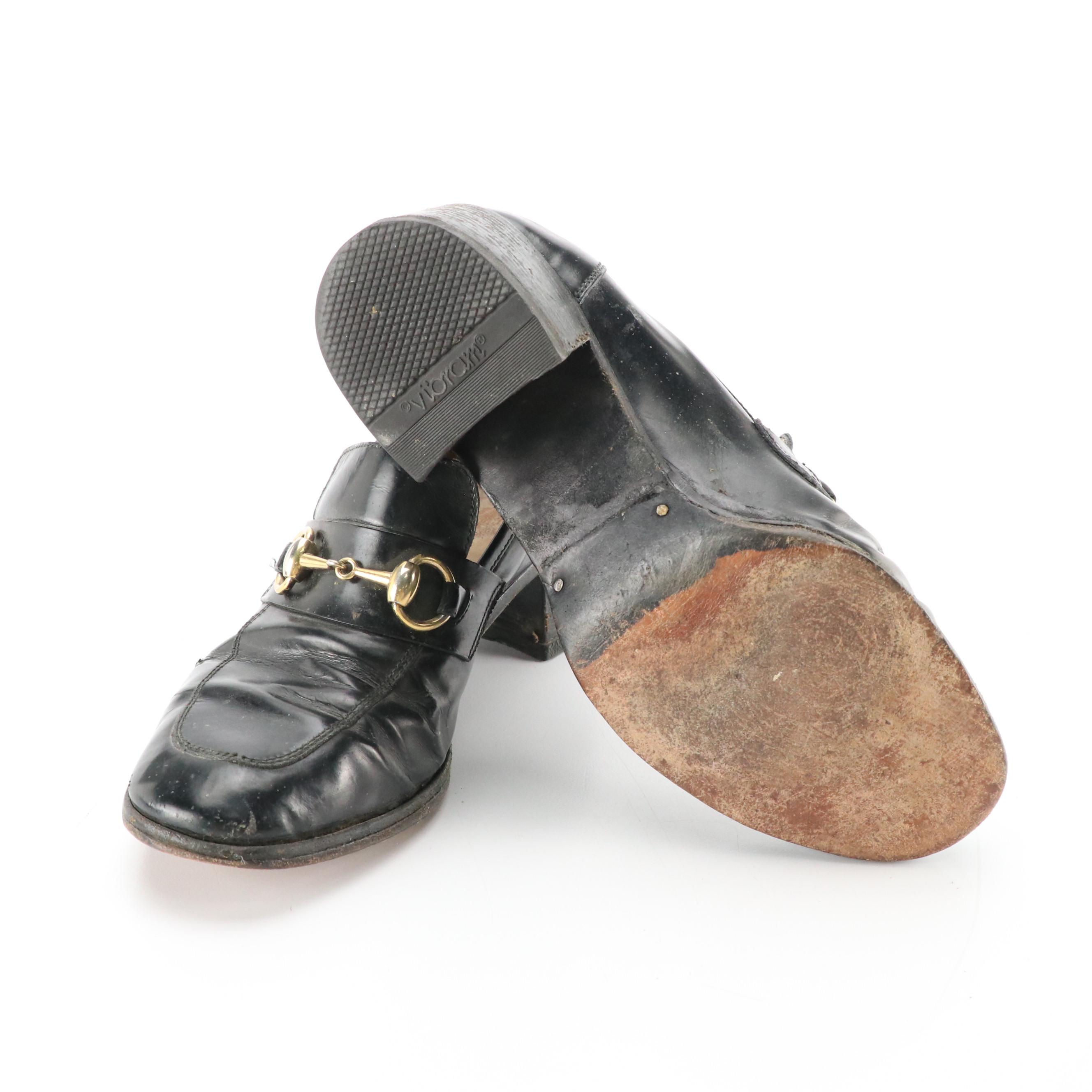 Gucci Vintage Black Leather Horsebit Heeled Loafers and Square-Toe Shoes