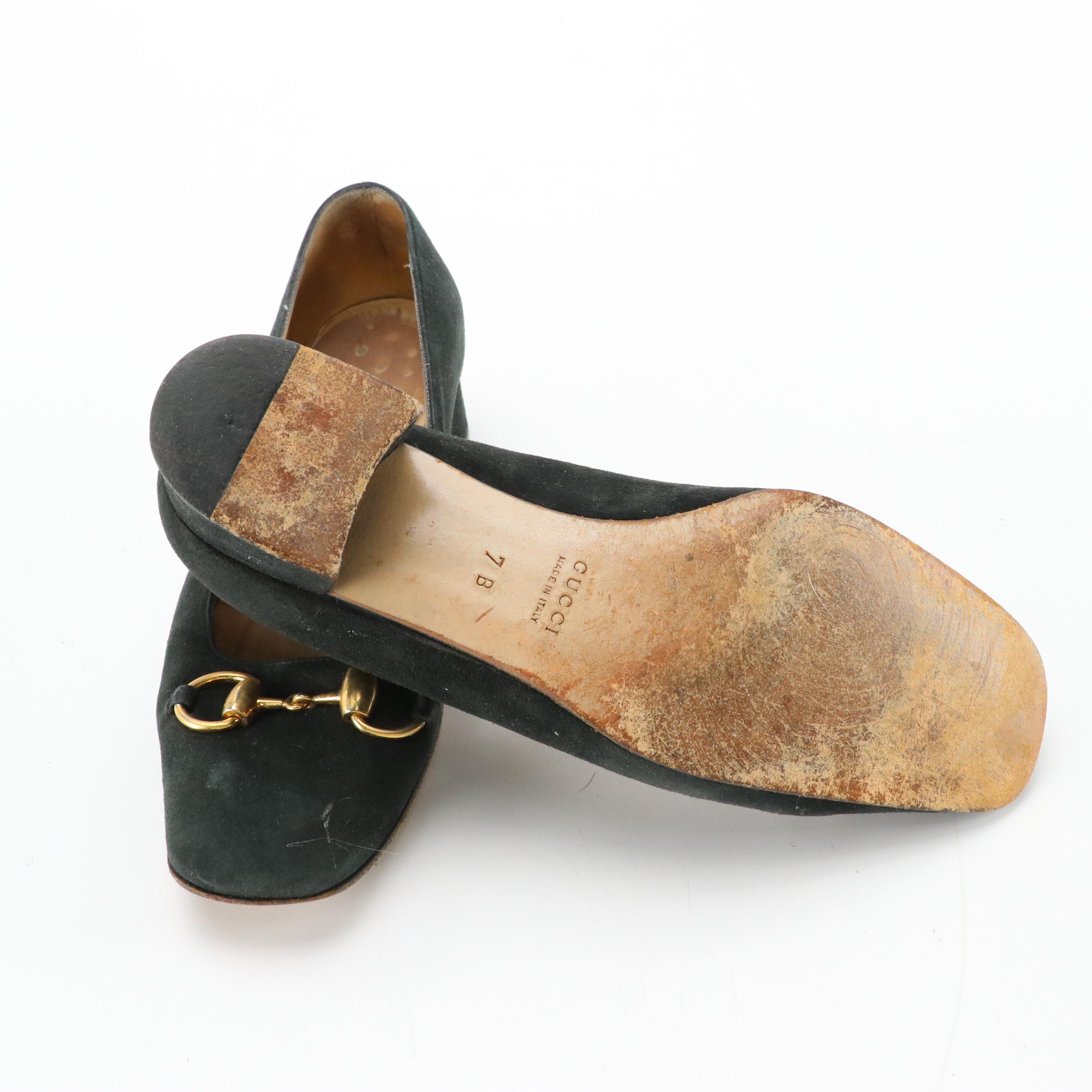 Gucci Vintage Black Leather Horsebit Heeled Loafers and Square-Toe Shoes