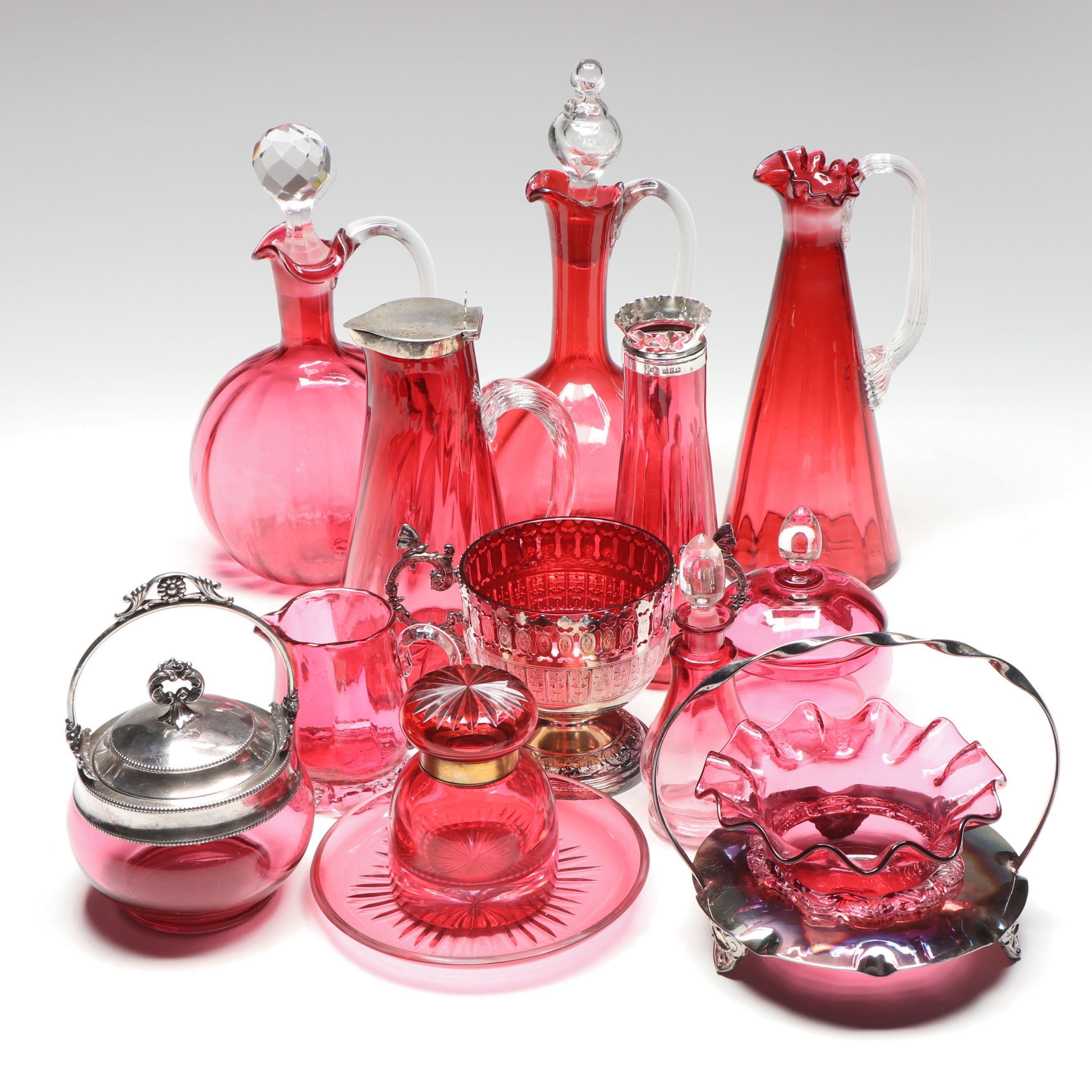 Henry Bourne Sterling and Cranberry Glass Vase with More Table Accessories