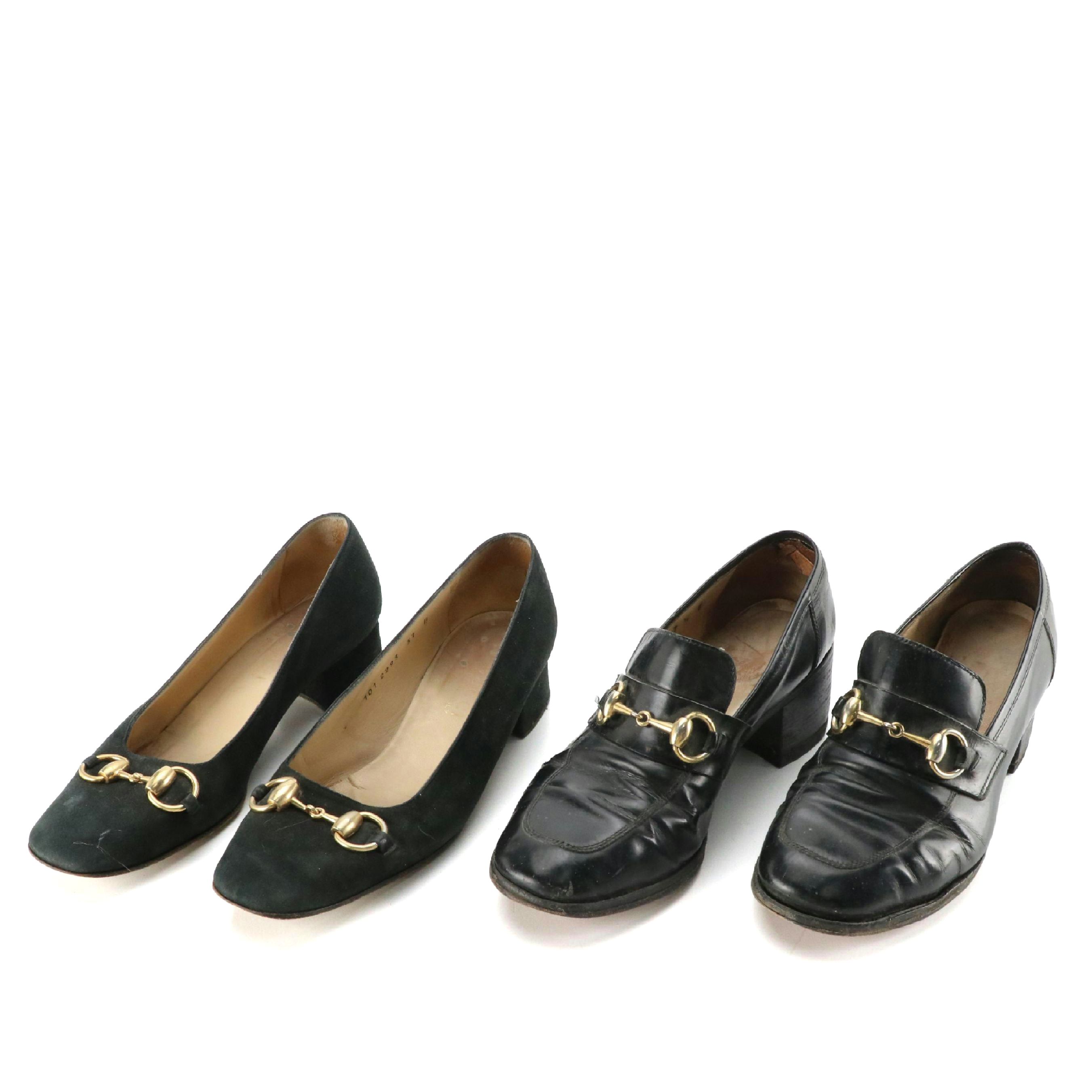 Gucci Vintage Black Leather Horsebit Heeled Loafers and Square-Toe Shoes