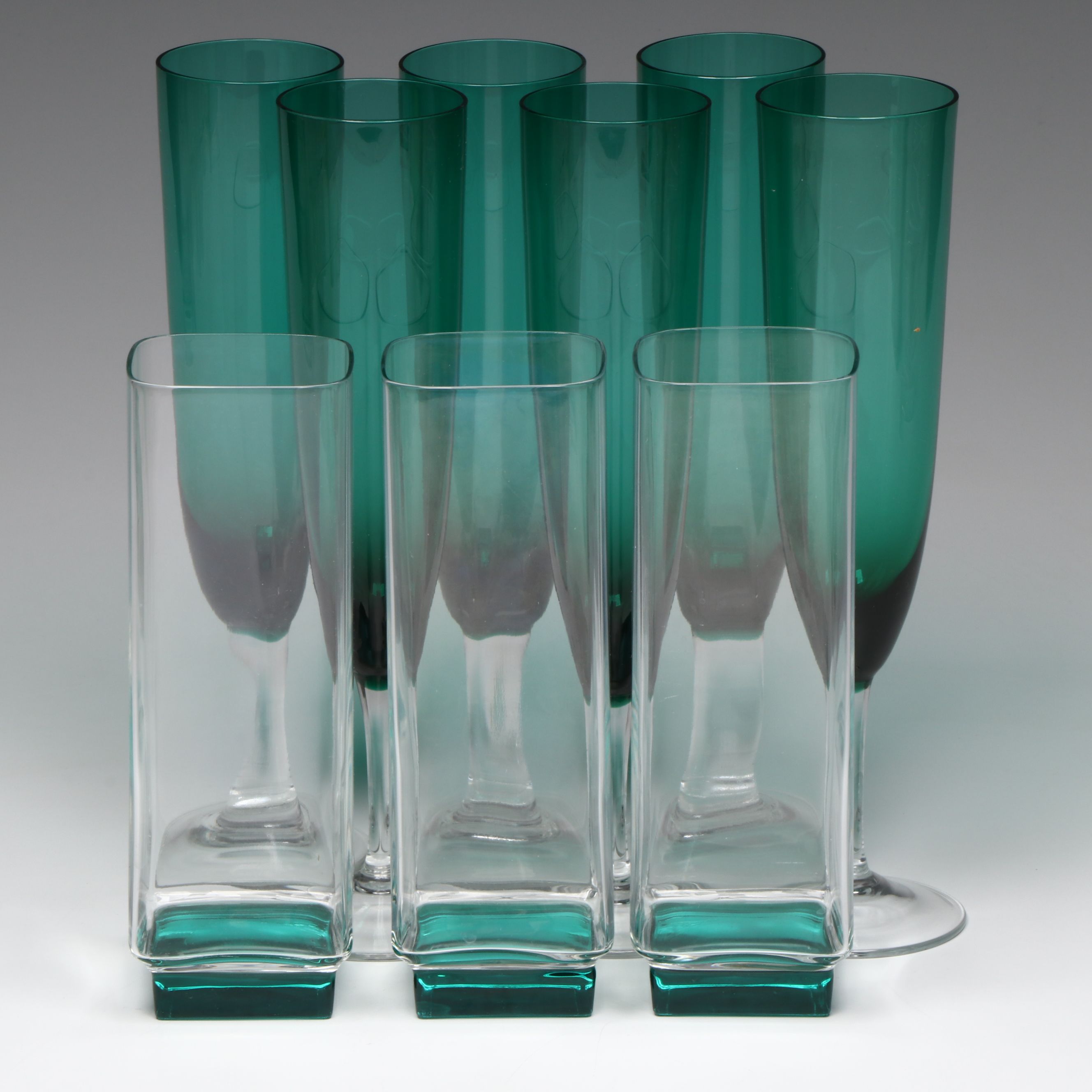 Gradient Green Glass Champagne Flutes and Tumblers