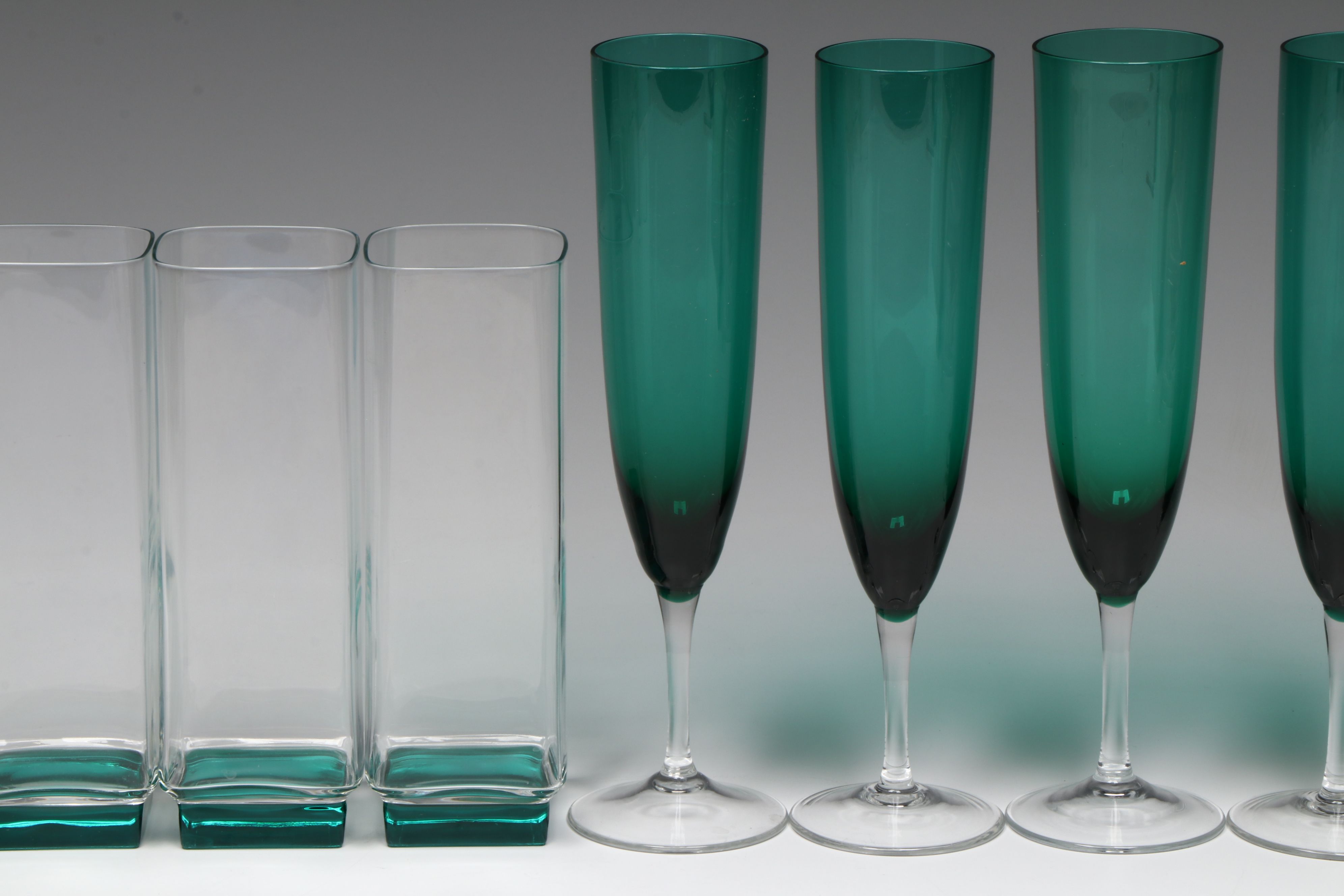 Gradient Green Glass Champagne Flutes and Tumblers
