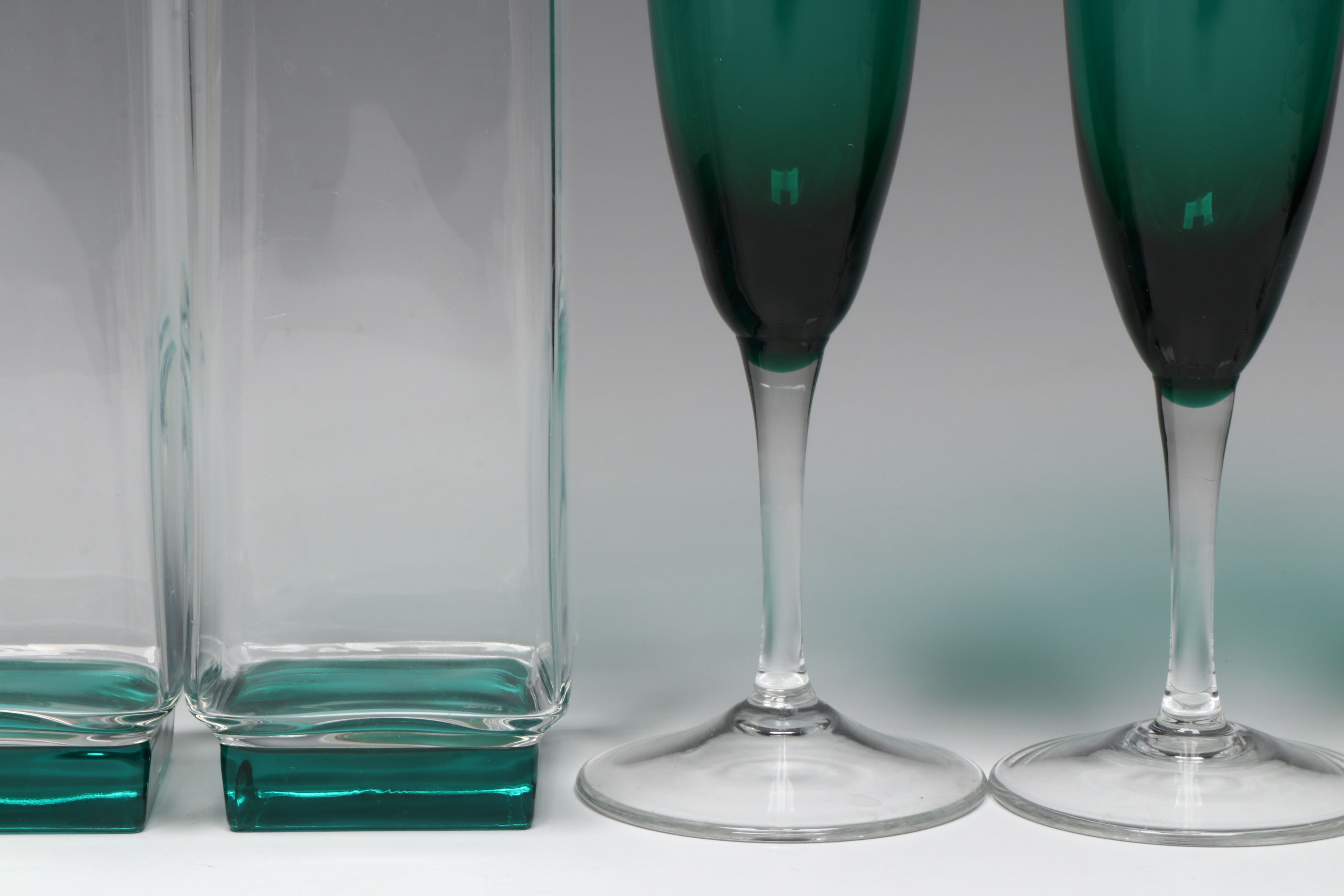 Gradient Green Glass Champagne Flutes and Tumblers