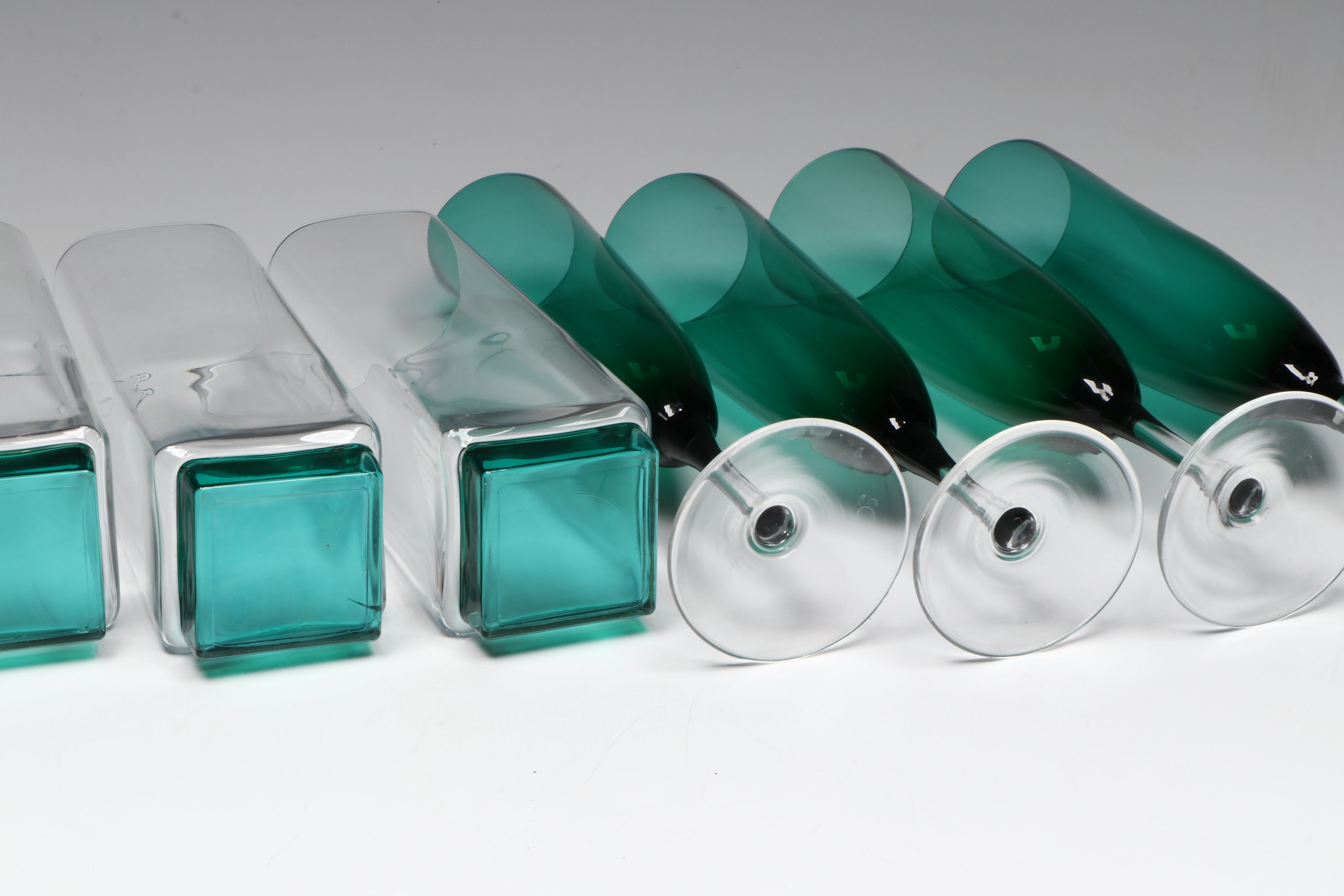 Gradient Green Glass Champagne Flutes and Tumblers