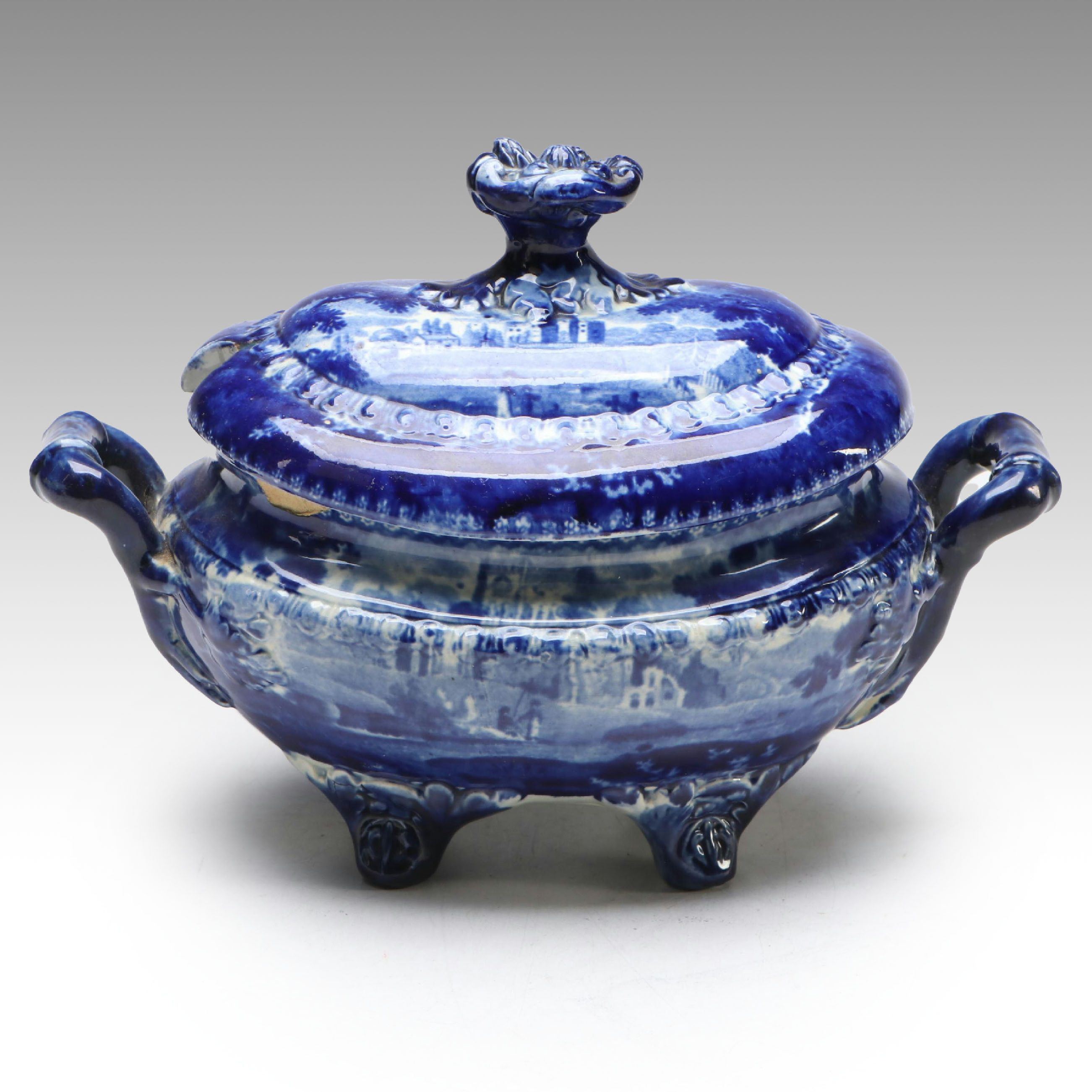 Victorian English "Panoramic Scenery" Blue Flow Earthenware Saucier