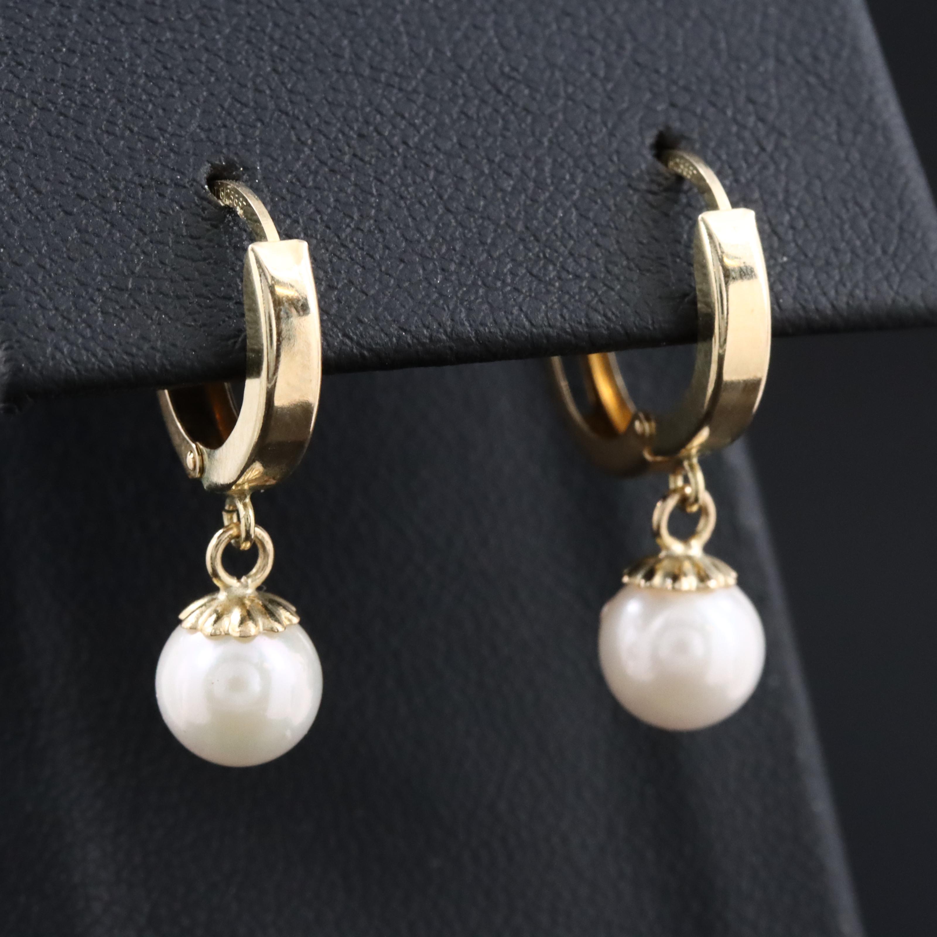 14K Pearl Drop Hoop Earrings