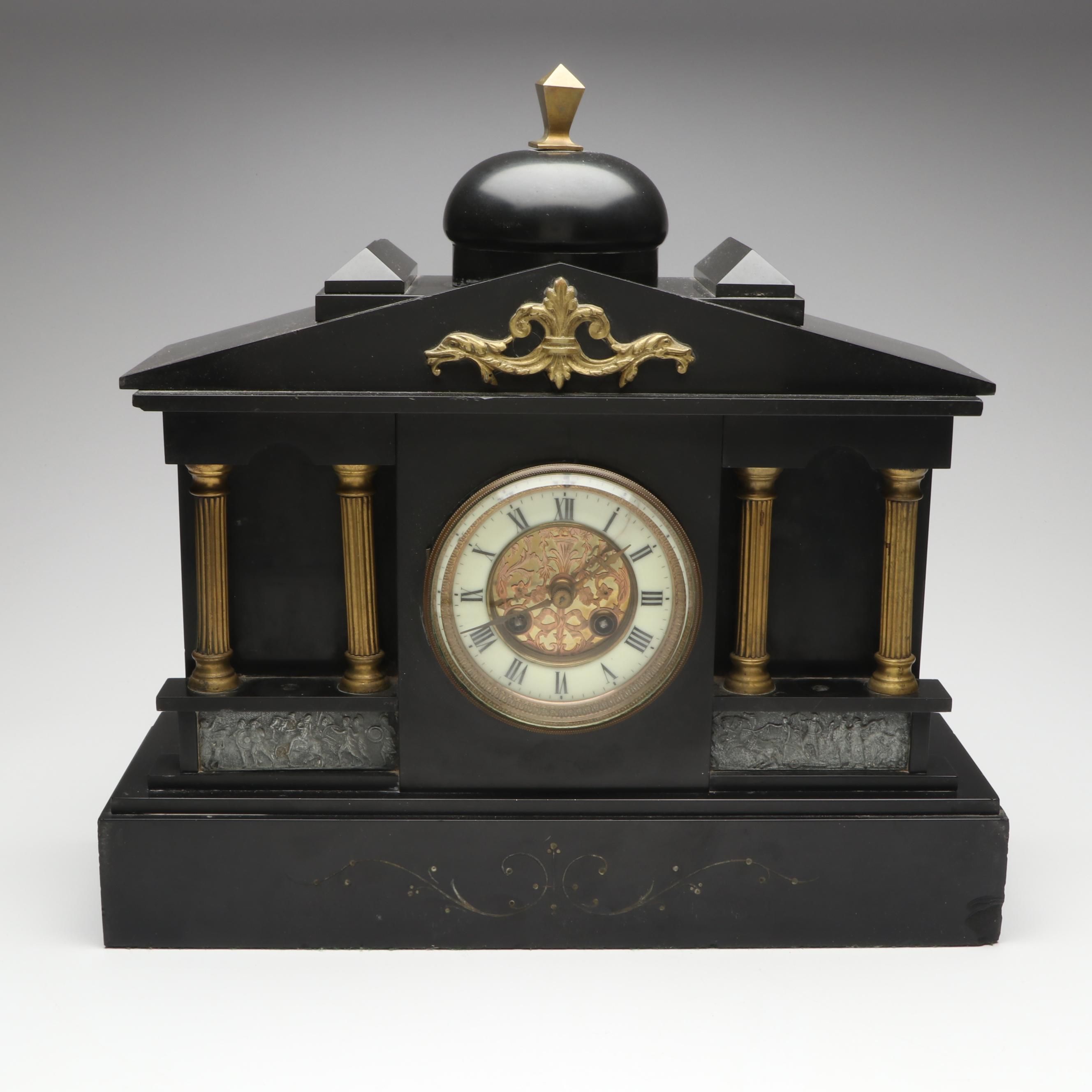 Ansonia Neoclassical Style Black Stone and Patinated Metal Mantel Clock
